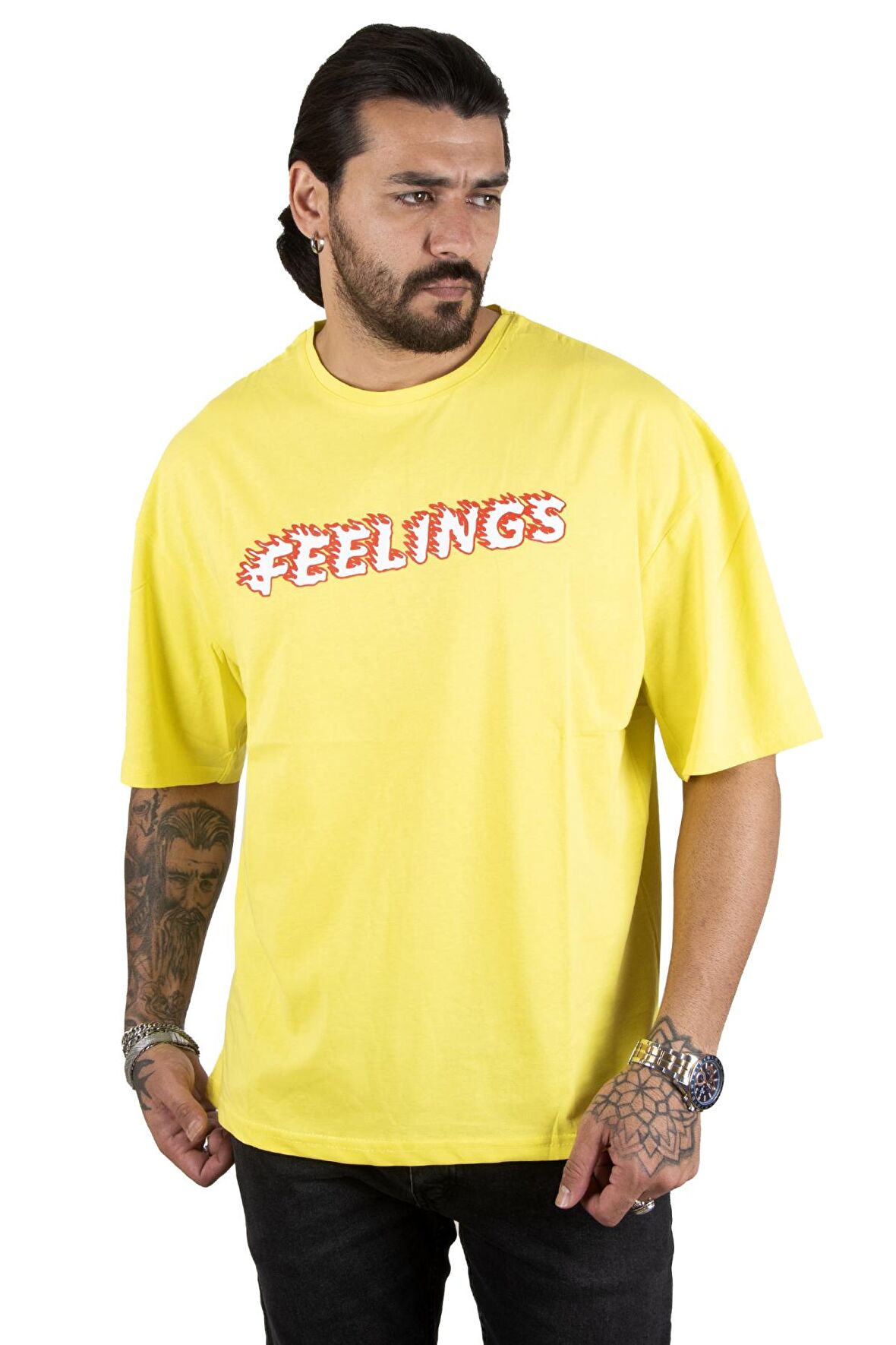 DeepSEA Erkek Sarı Önü Feelings Yazı Baskılı Oversize Tişört 2200512