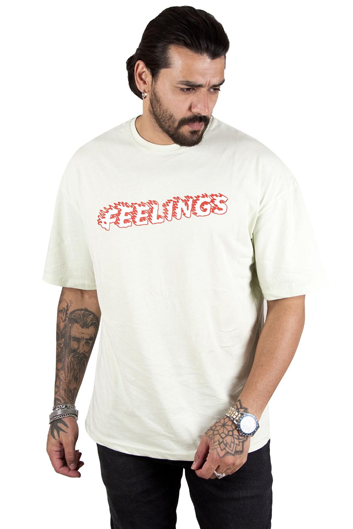 DeepSEA Erkek Su Yeşili Önü Feelings Yazı Baskılı Oversize Tişört 2200512