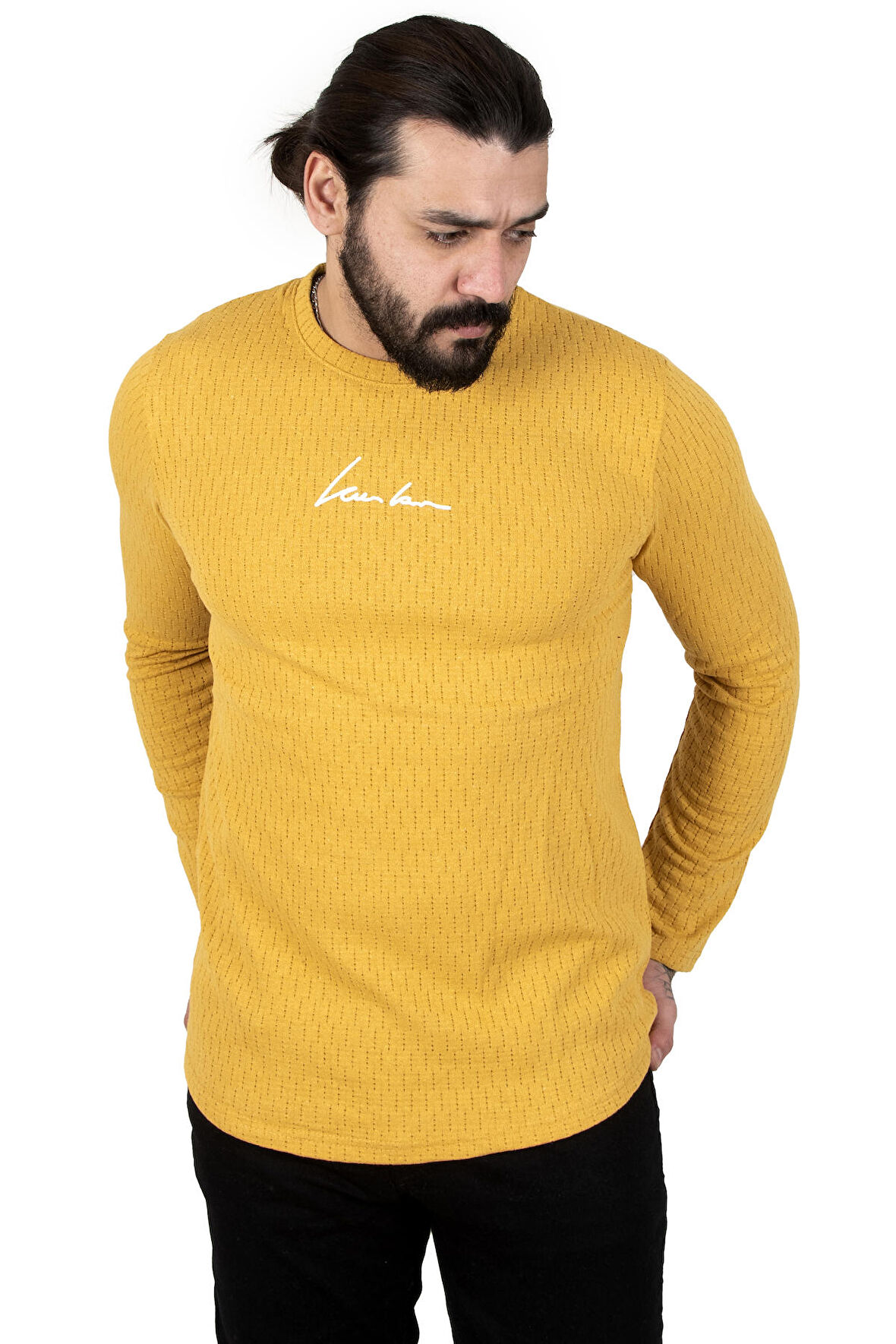 DeepSEA Erkek Sarı Çizgili Bisiklet Yaka Önü Baskılı Sweatshirt 2303104