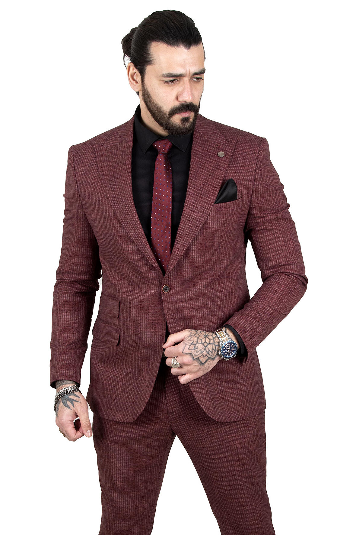 DeepSEA Erkek Bordo Çizgi Desenli Kırlangıç Yaka Slim Fit 2'li Takım Elbise 2303089