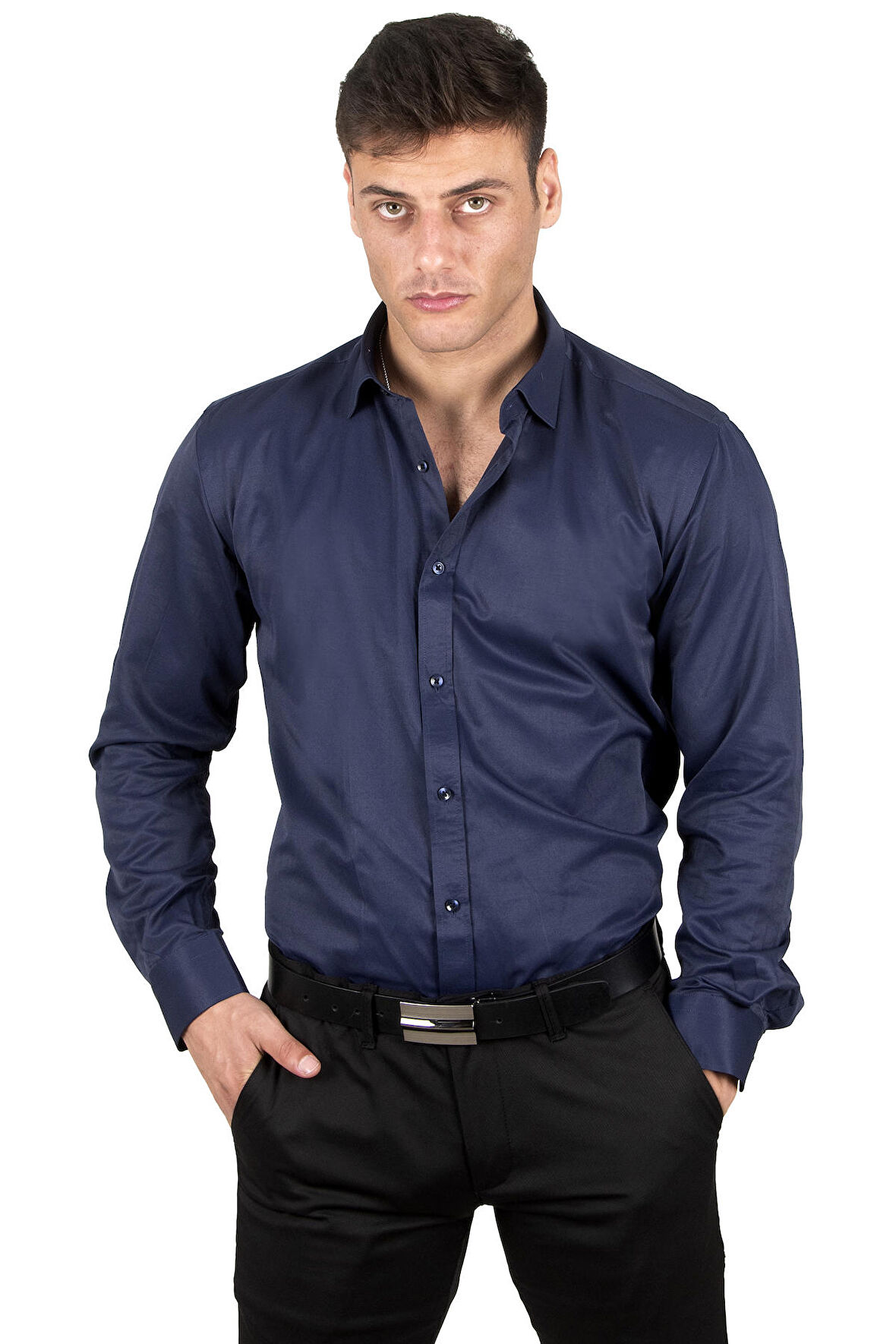 DeepSEA Erkek Lacivert Dar Kesim Uzun Kollu Kol Düğmeli Gömlek 2209615