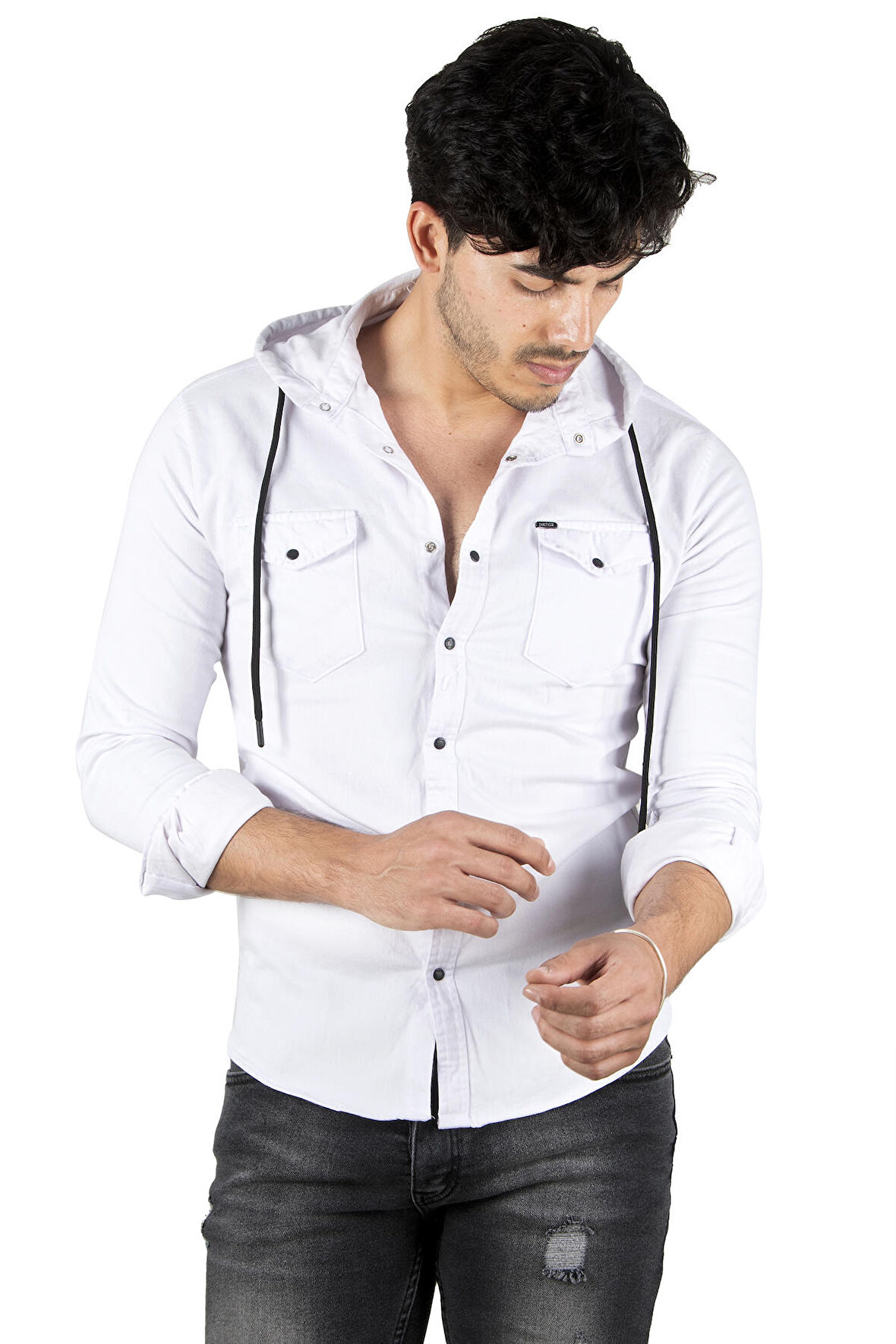 DeepSEA Erkek Beyaz  Kapüşonlu Cepli Slim Fit Likralı Kot Gömlek 2300396