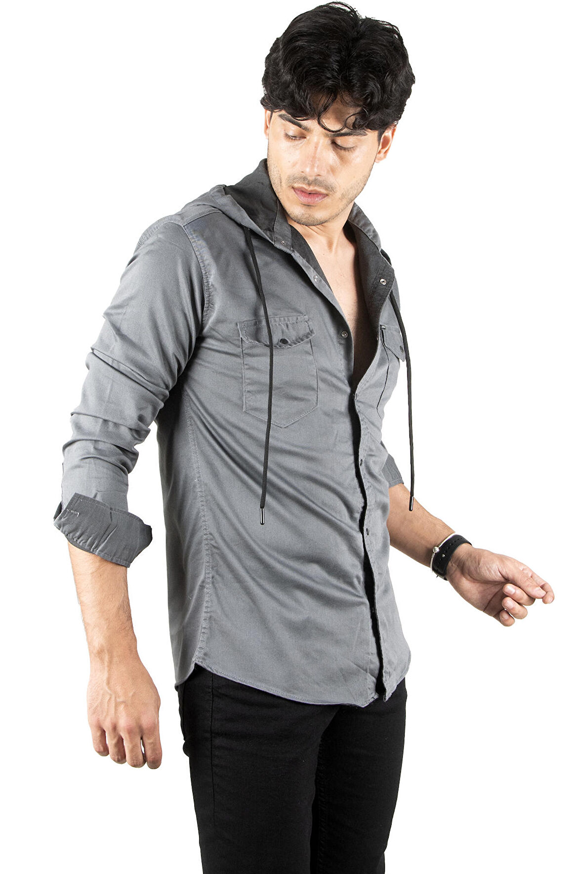 DeepSEA Erkek Füme  Kapüşonlu Cepli Slim Fit Likralı Kot Gömlek 2300396