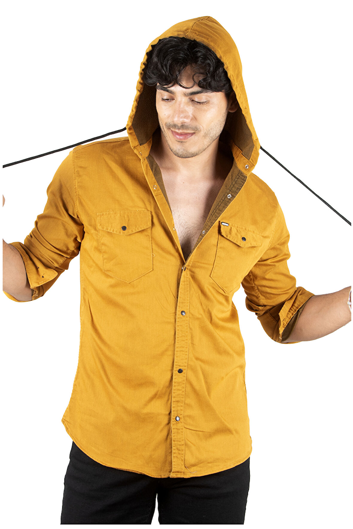 DeepSEA Erkek Hardal Sarısı Kapüşonlu Slim Fit Dar Kesim Gömlek Likralı Pamuklu Likralı Kot Gömlek 2300396