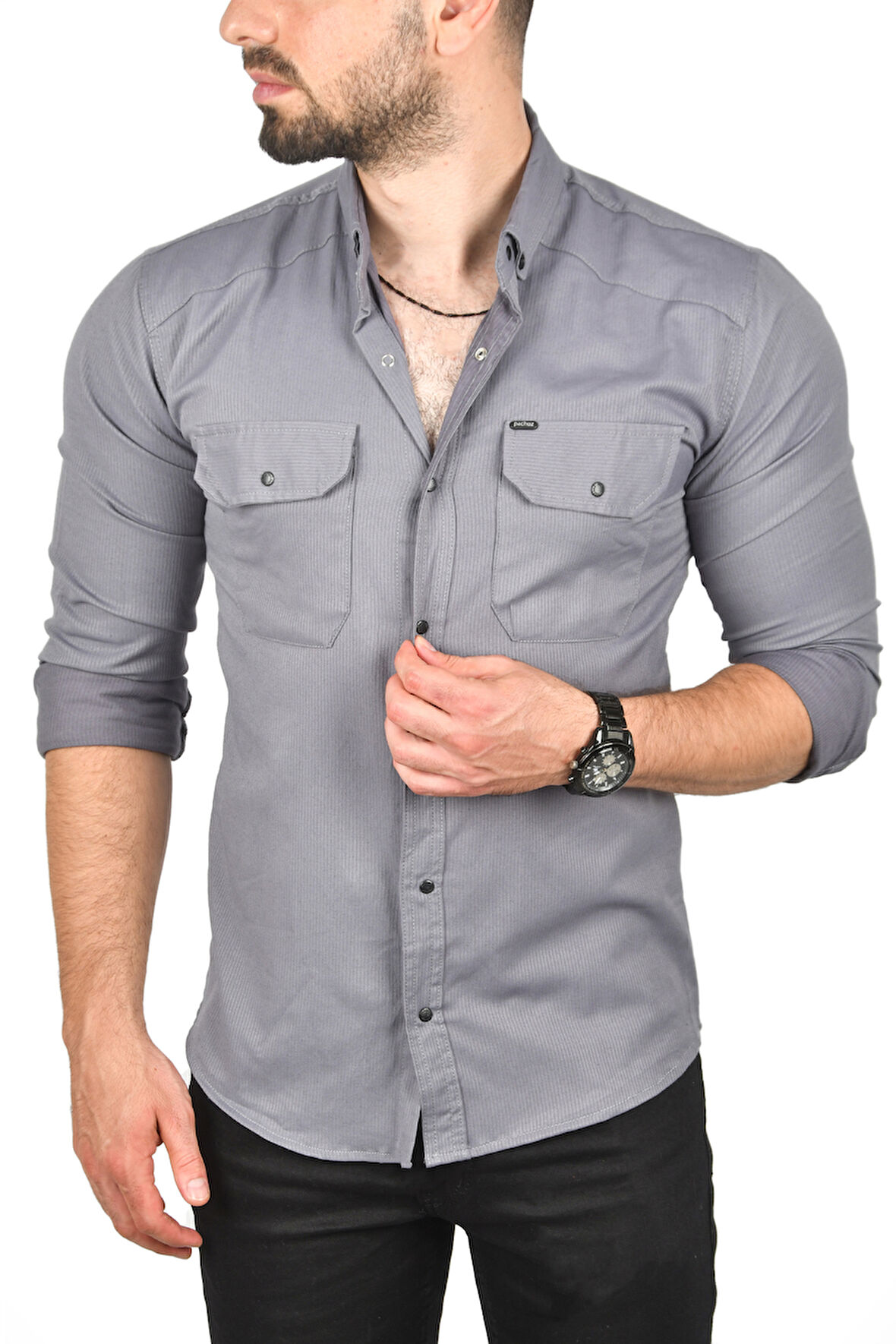 DeepSEA Erkek Füme Slim Fit Dar Kesim Pamuklu Spor Gömlek Çıtçıtlı Likralı Gabardin Gömlek 2300421