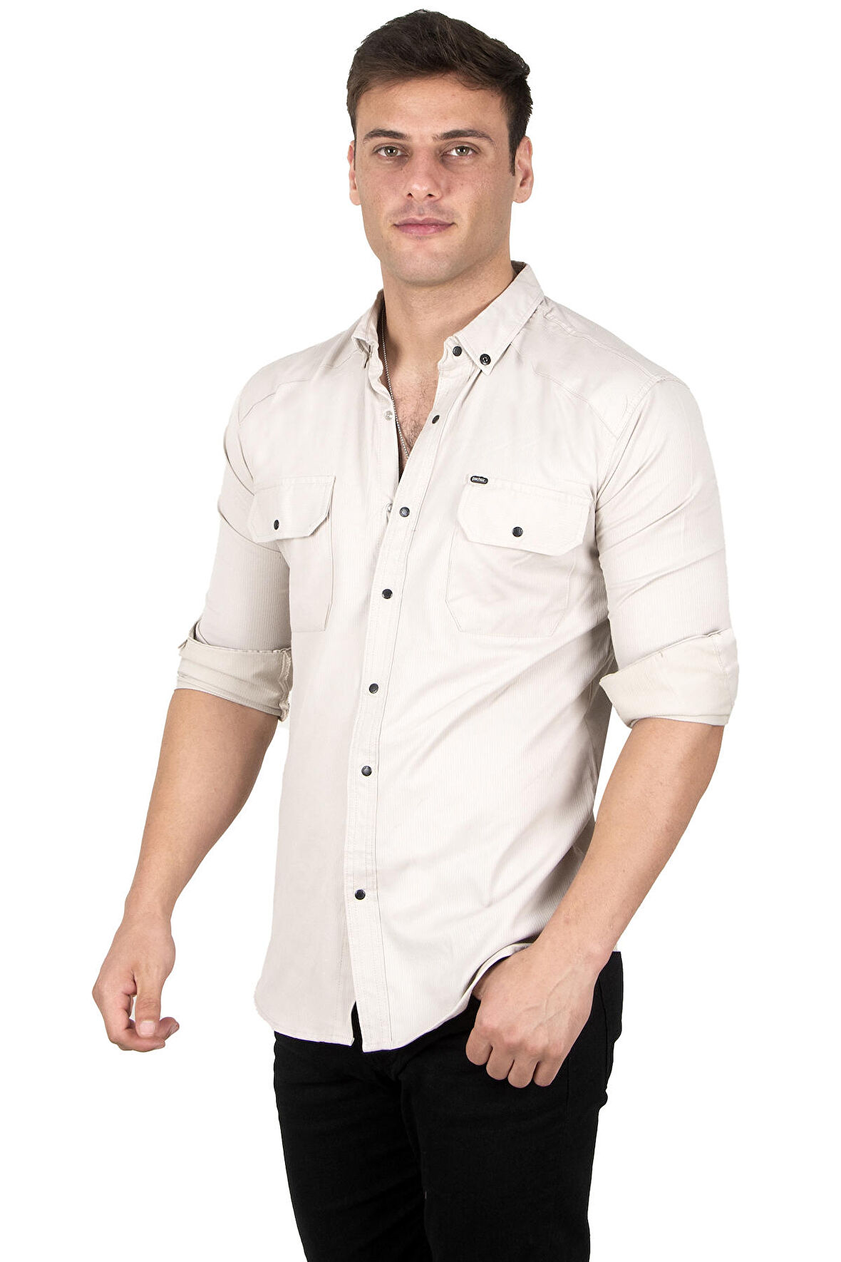 DeepSEA Erkek Bej Likralı İnce Fitilli Çıtçıtlı Çift Cepli Kot Gömlek 2300421