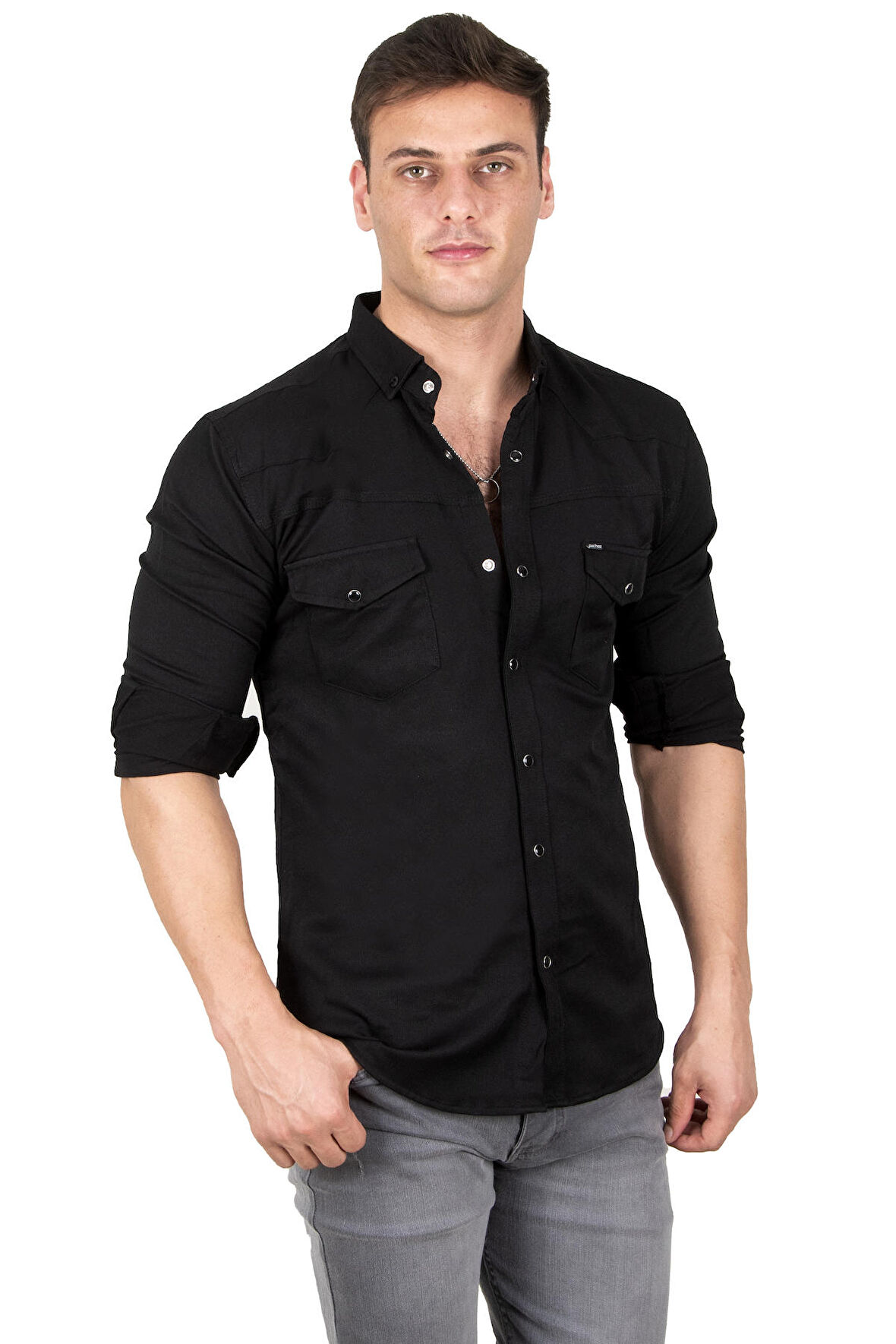 DeepSEA Erkek Siyah Likralı Çıtçıtlı Çift Cepli Dikiş Detaylı Kot Gömlek 2300419