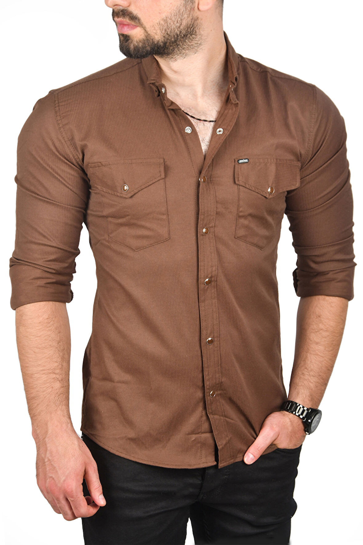 DeepSEA Erkek Koyu Kahve Çıt Çıt Düğmeli Çift Cepli Örme Kumaş Gömlek 2300415