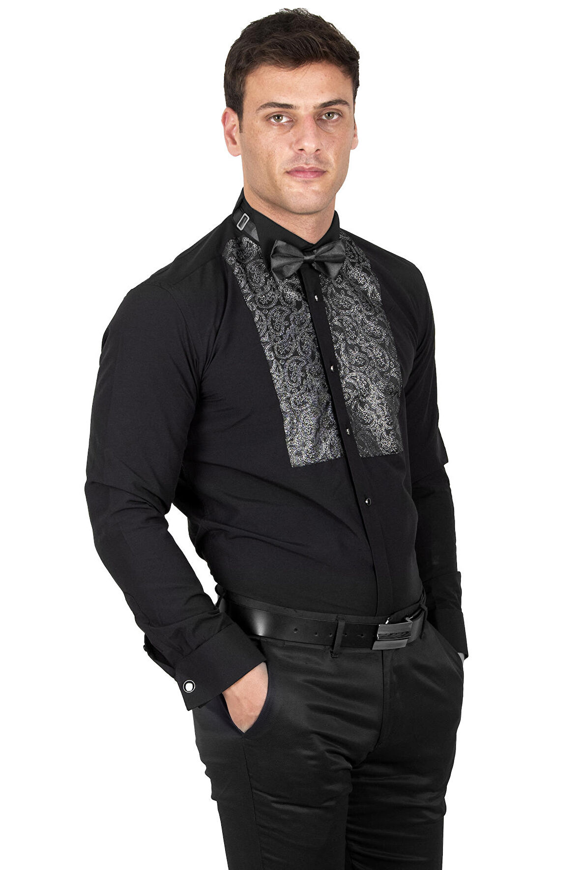 DeepSEA Erkek Siyah Ata Yaka Kol Düğmeli Biyeli Damatlık Gömlek 2309478