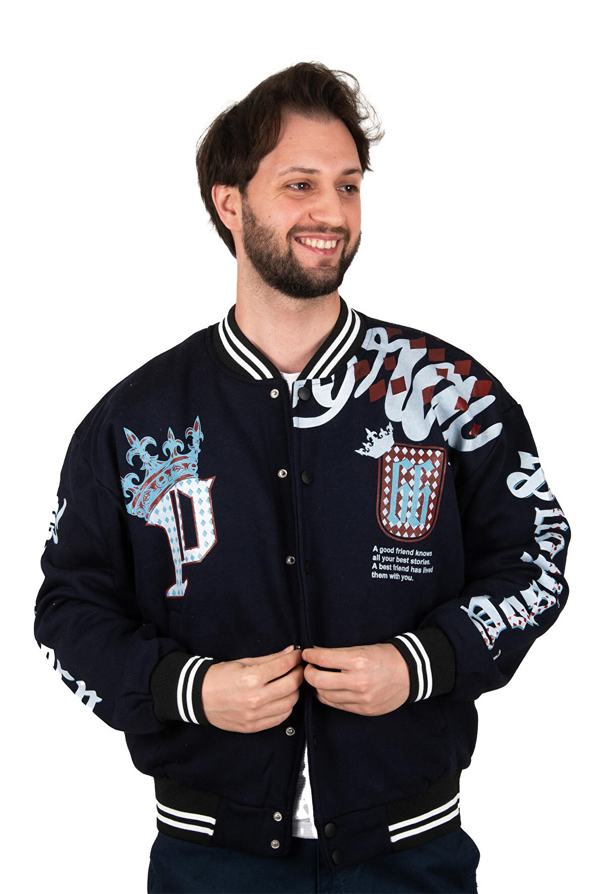 DeepSEA Erkek Lacivert Kolları Önü ve Arkası Baskılı Üç İplik Çıtçıtlı Kolej Mont 2304764