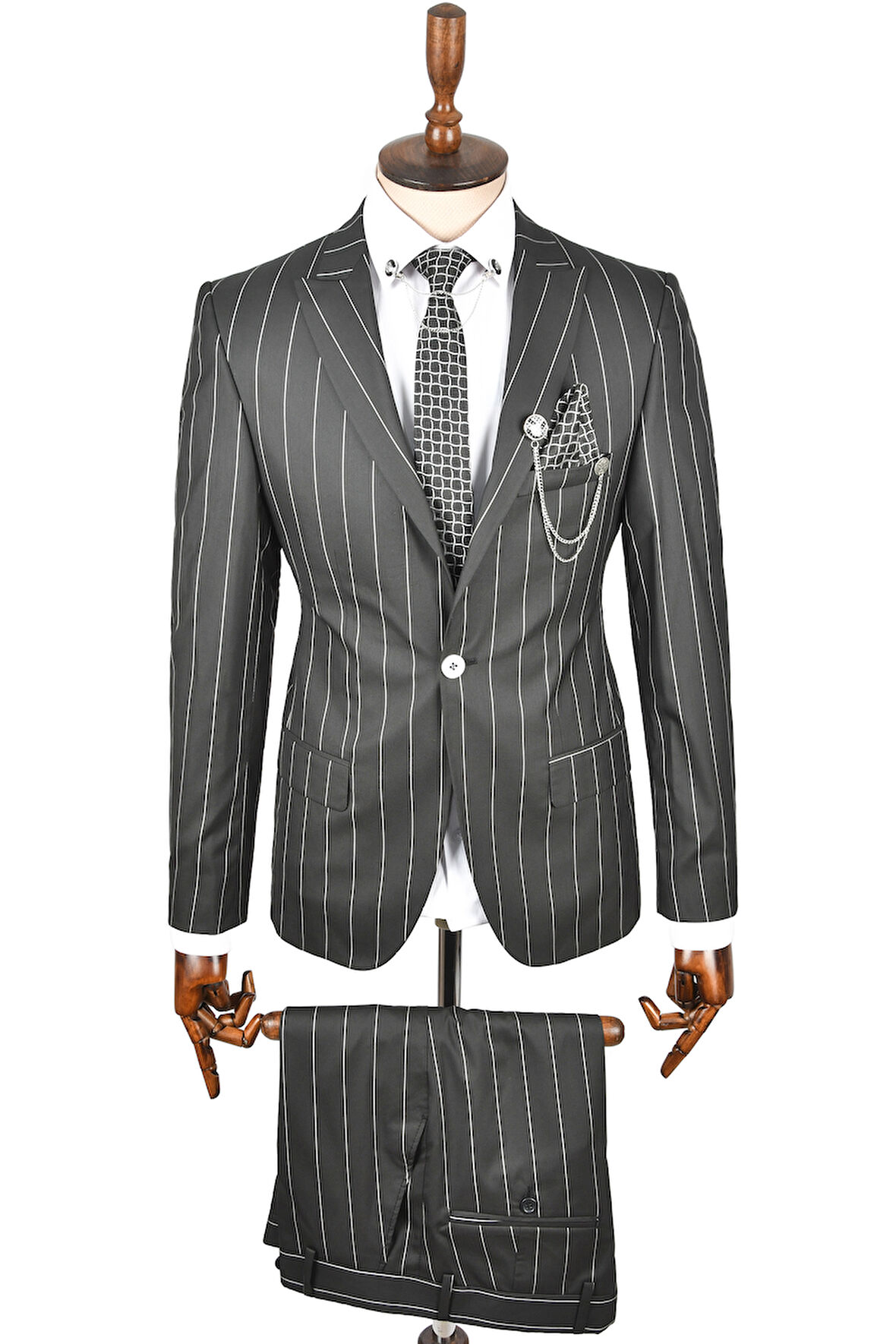 DeepSEA Erkek Siyah Slim Fit Çizgili Tek Düğme Tek Yırtmaç 2 Li Takım Elbise 2300101