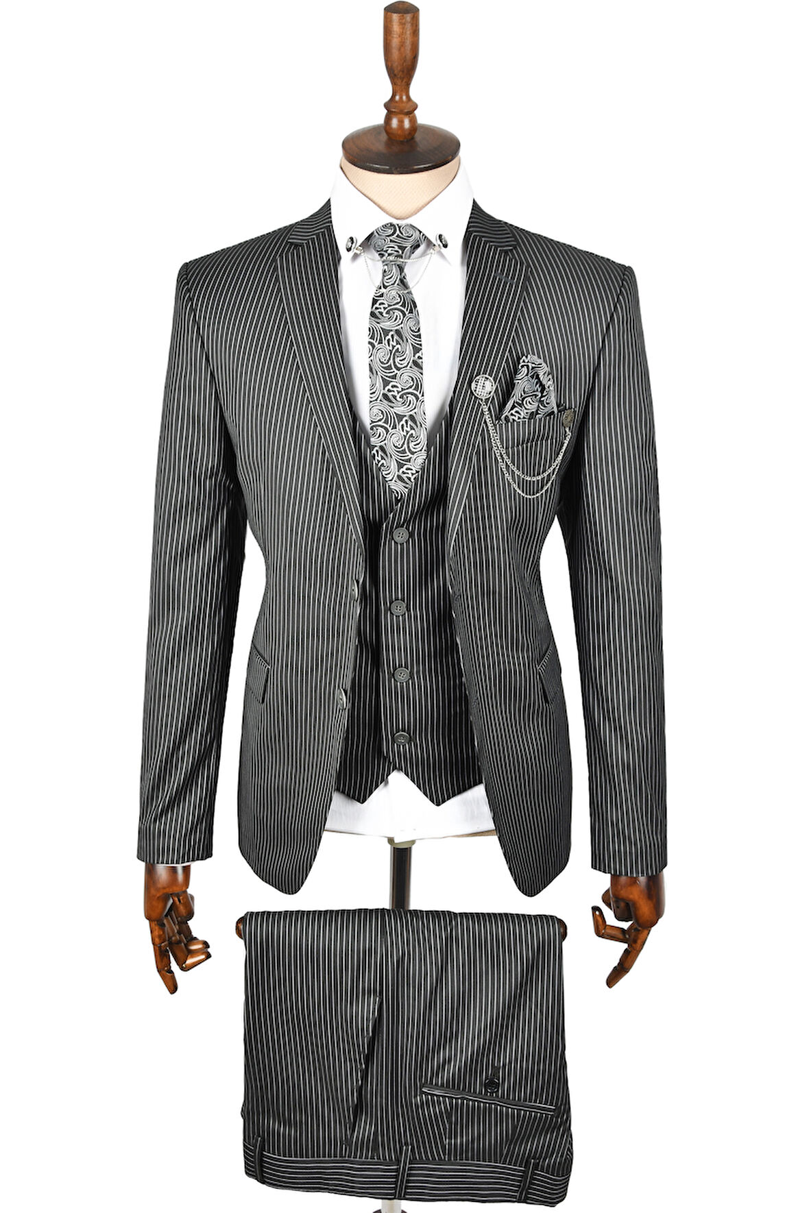 DeepSEA Erkek Siyah Çift Düğme Çift Yırtmaç Çizgili Slim Fit 3 Lü Takım Elbise 2300162