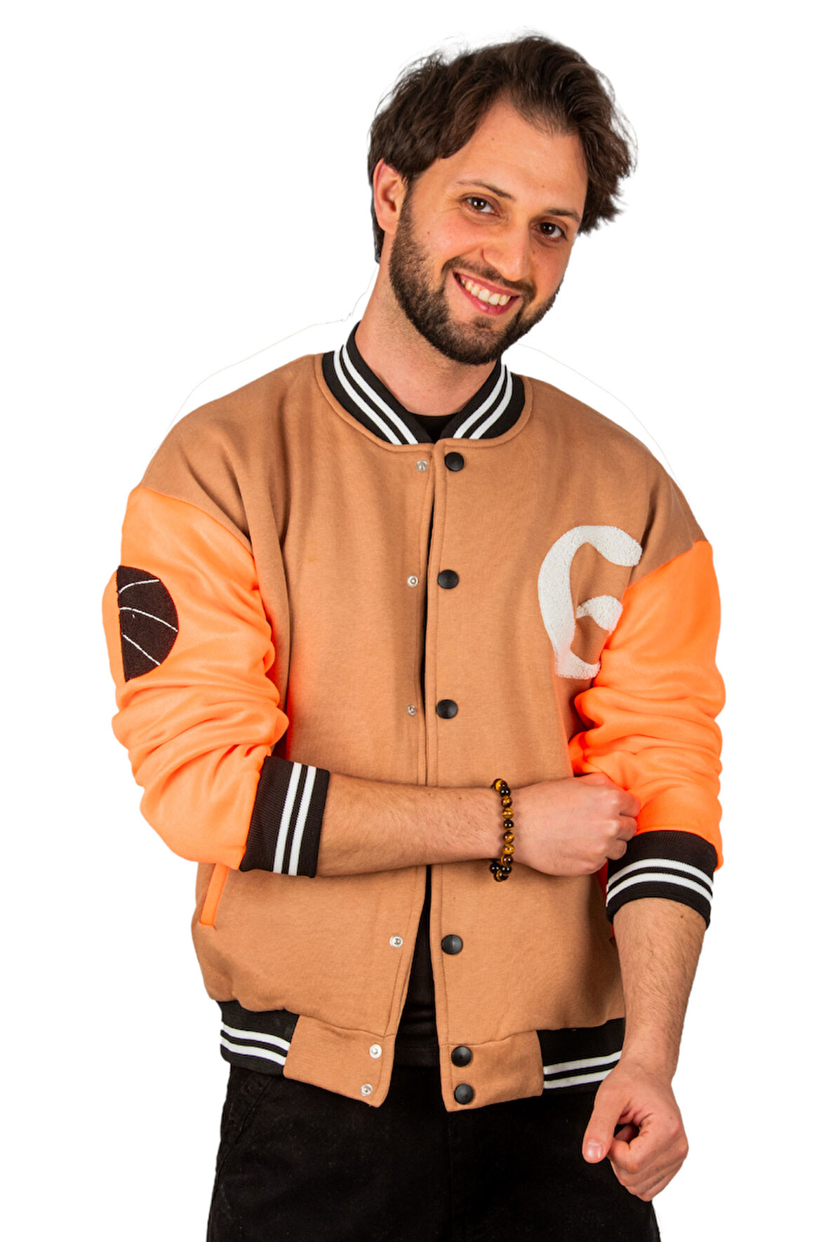 DeepSEA Erkek Kahve-Orange Üç İpli G Nakış Detaylı Çıtçıtlı Kolej Mont 2304761