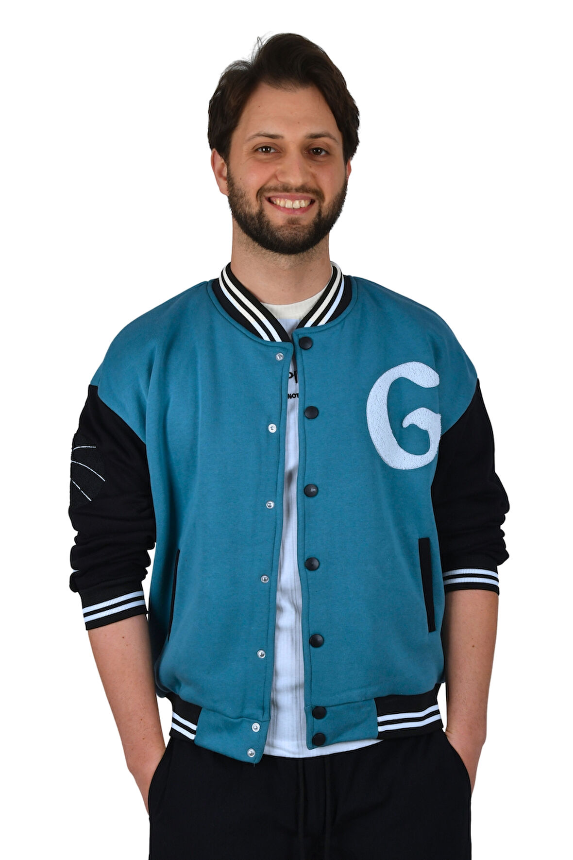 DeepSEA Erkek Turkuaz-Siyah Üç İpli G Nakış Detaylı Çıtçıtlı Kolej Mont 2304761