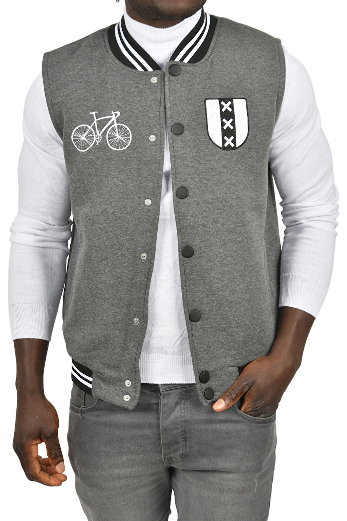 DeepSEA Erkek Antrasit Nakış İşlemeli Üç iplik içi Şardonlu Kolsuz Kolej Yelek 2304773