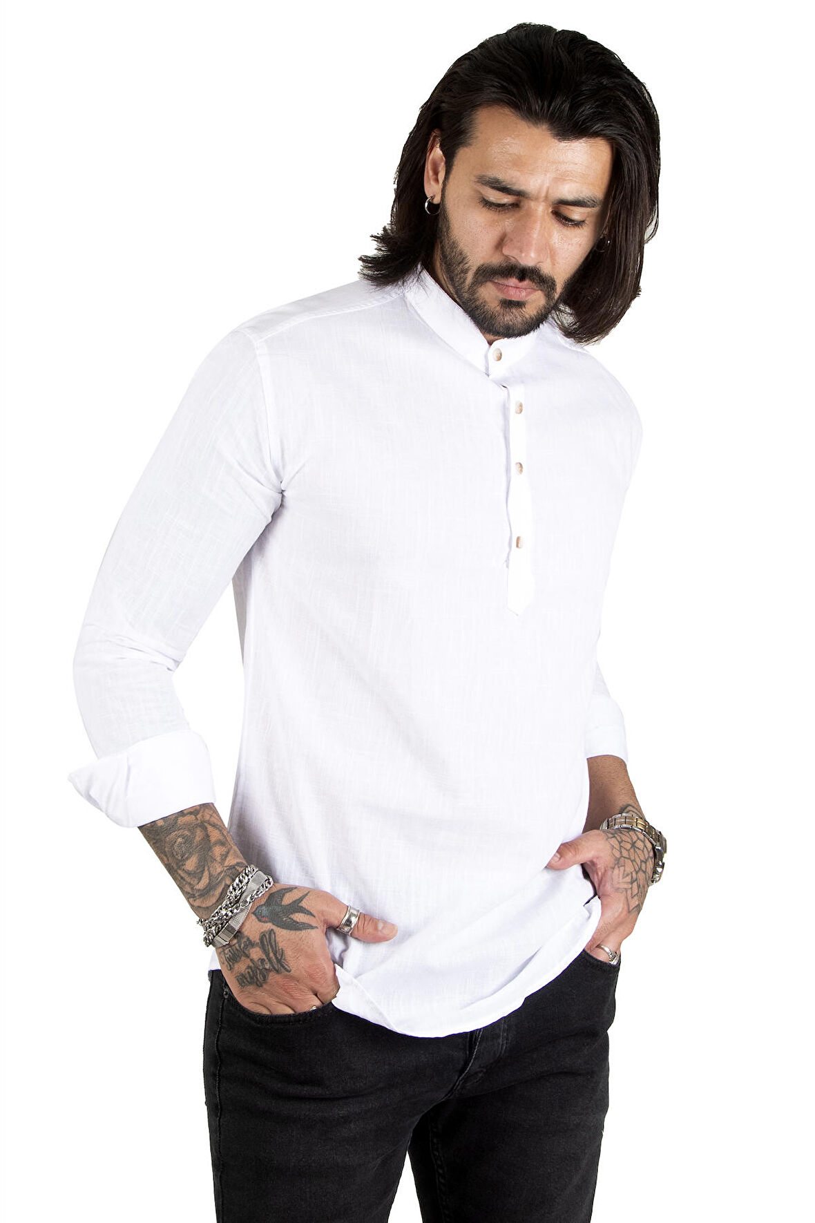 DeepSEA Erkek Beyaz Yarım Düğmeli Çizgili Hakim Yaka Ham Keten Uzun Kollu Gömlek 2201914