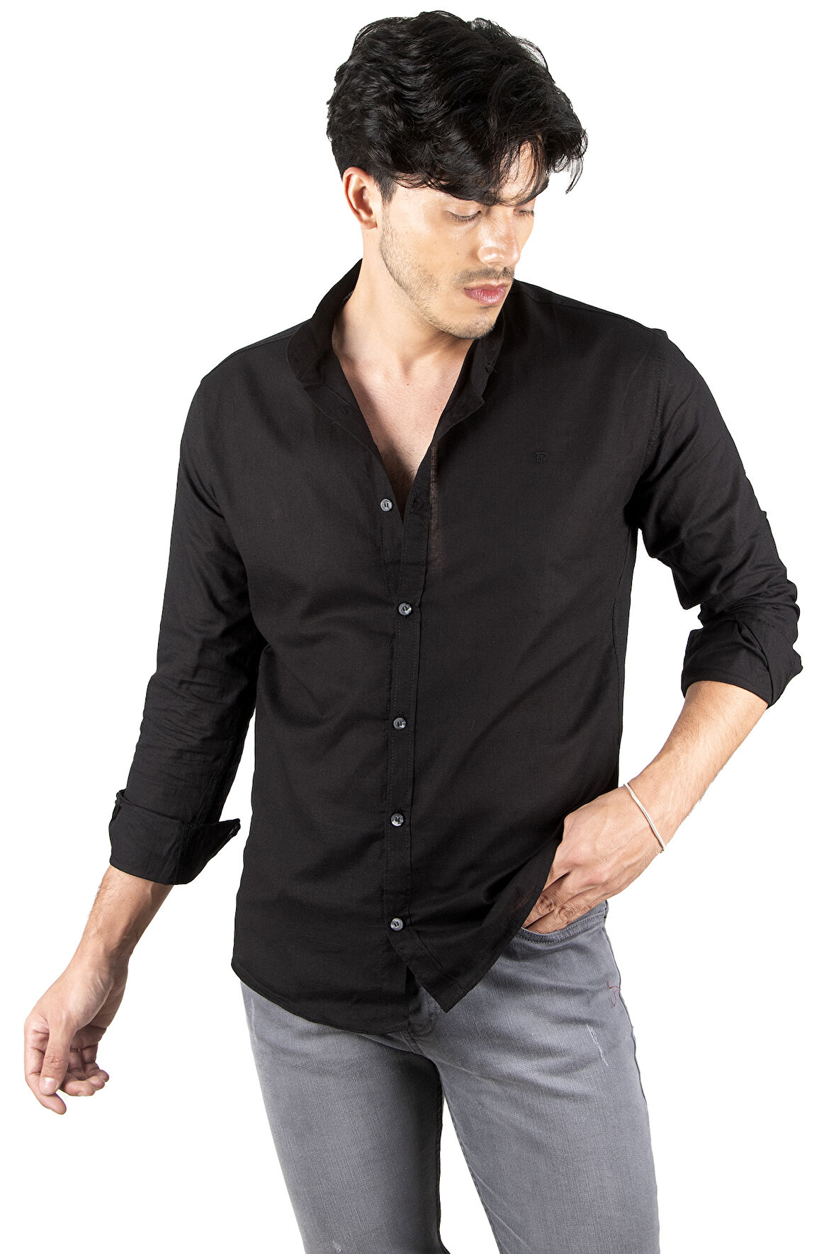 DeepSEA Erkek Siyah Çizgili Likralı Hakim Yaka Ham Keten Uzun Kollu Gömlek 2201895