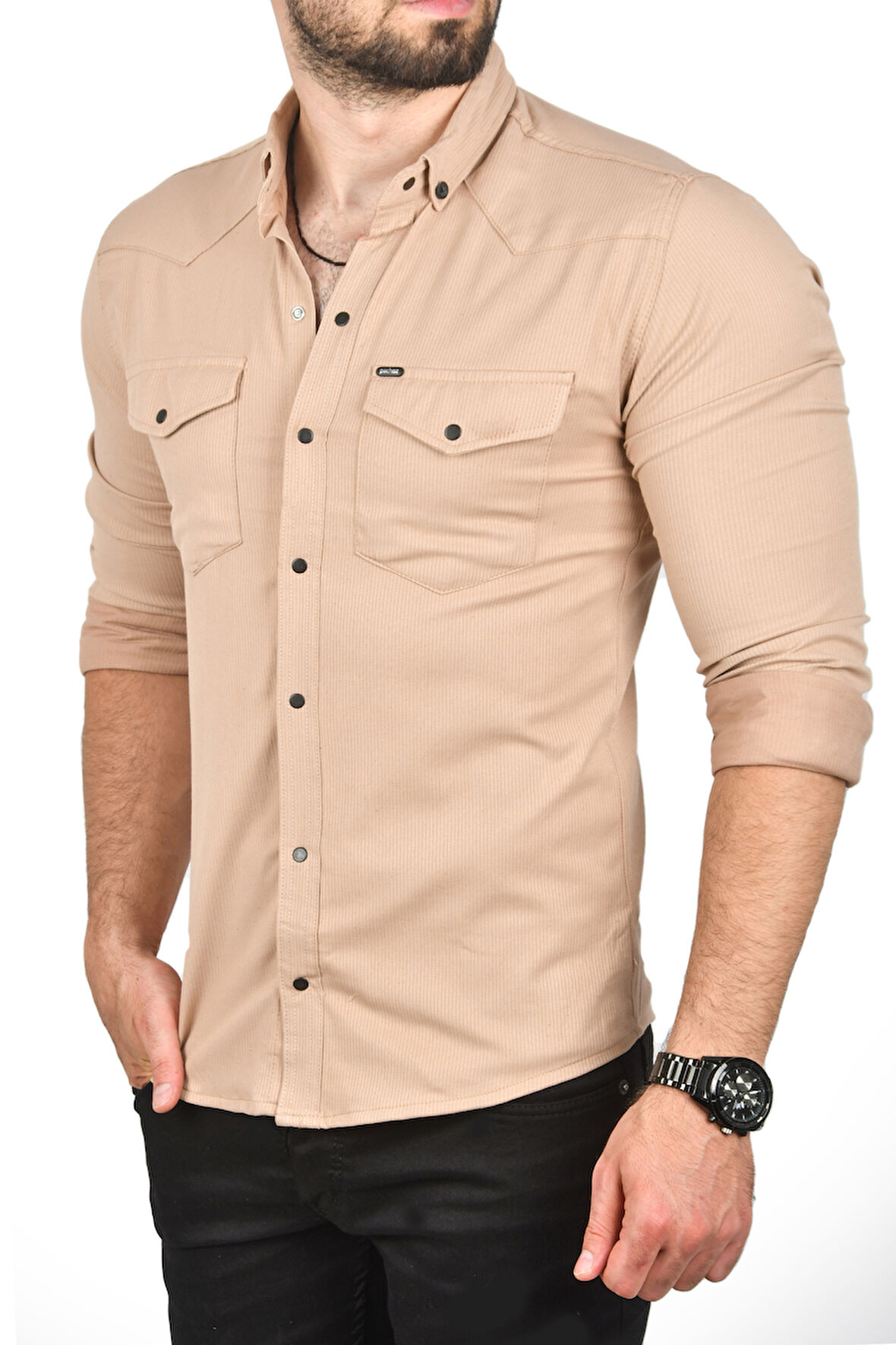 DeepSEA Erkek Kahve Slim Fit Dar Kesim Pamuklu Spor Gömlek Çıtçıtlı Likralı Gabardin Gömlek 2300421