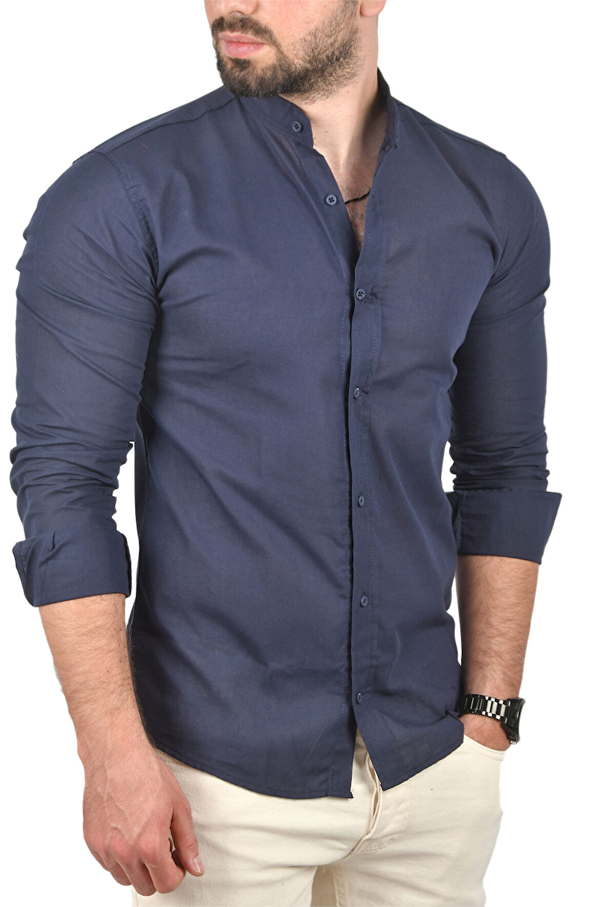 DeepSEA Erkek Lacivert Çizgili Likralı Hakim Yaka Ham Keten Uzun Kollu Gömlek 2201895