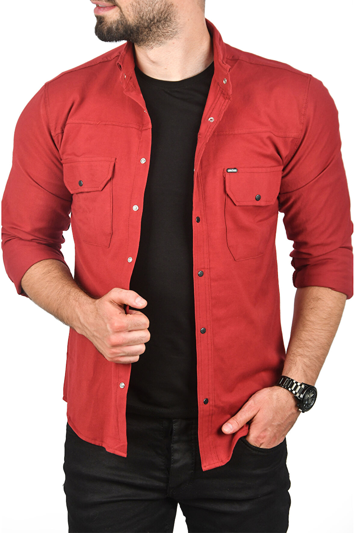 DeepSEA Erkek Bordo Slim Fit Dar Kesim Spor Gömlek Likralı Pamuklu Kot Gömlek 2300419