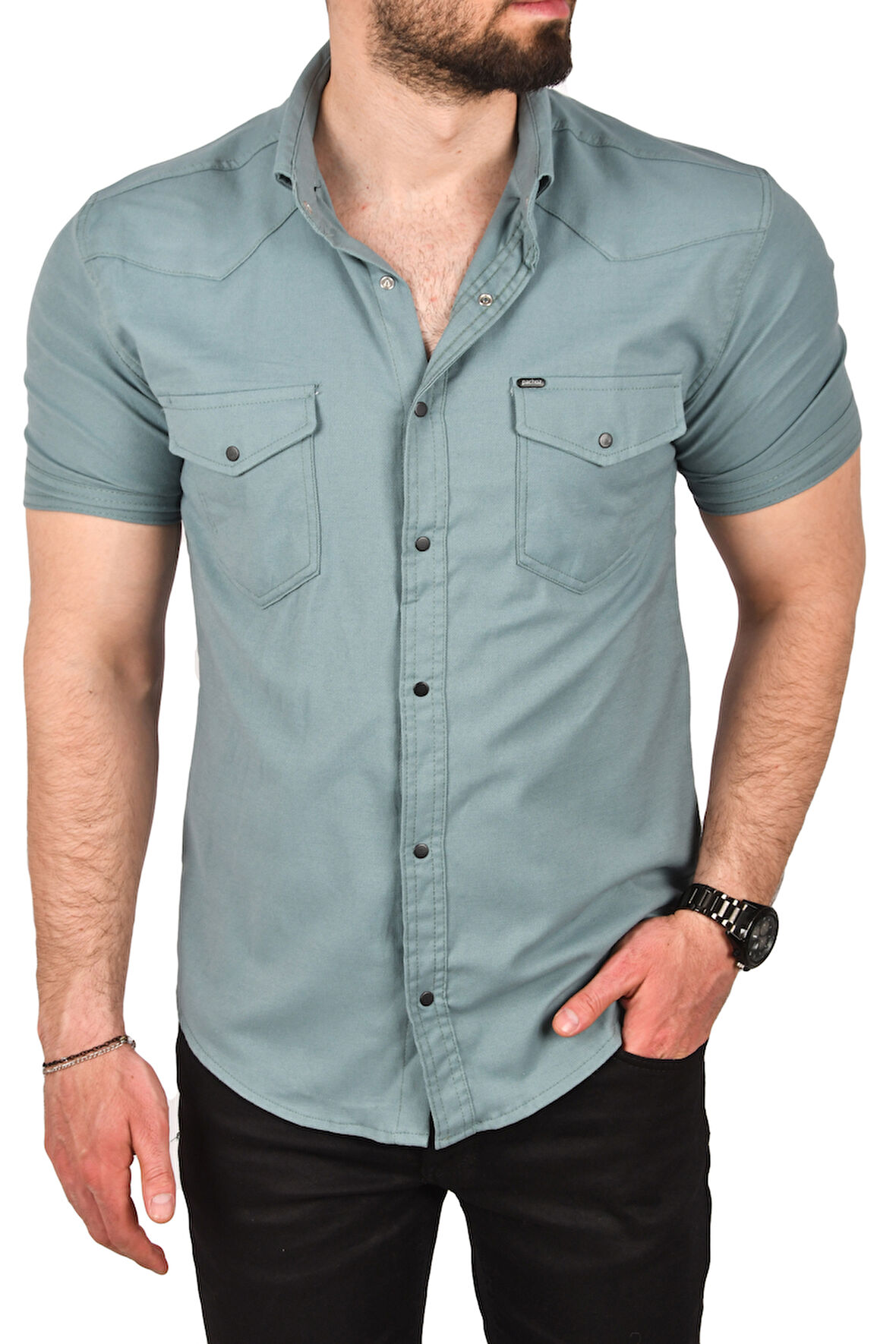 DeepSEA Erkek Yeşil Slim Fit Pamuklu Likralı Kısa Kol Gömlek Kolay Ütülenebilir Çıt Çıtlı Cepli Spor Gömlek 2400253