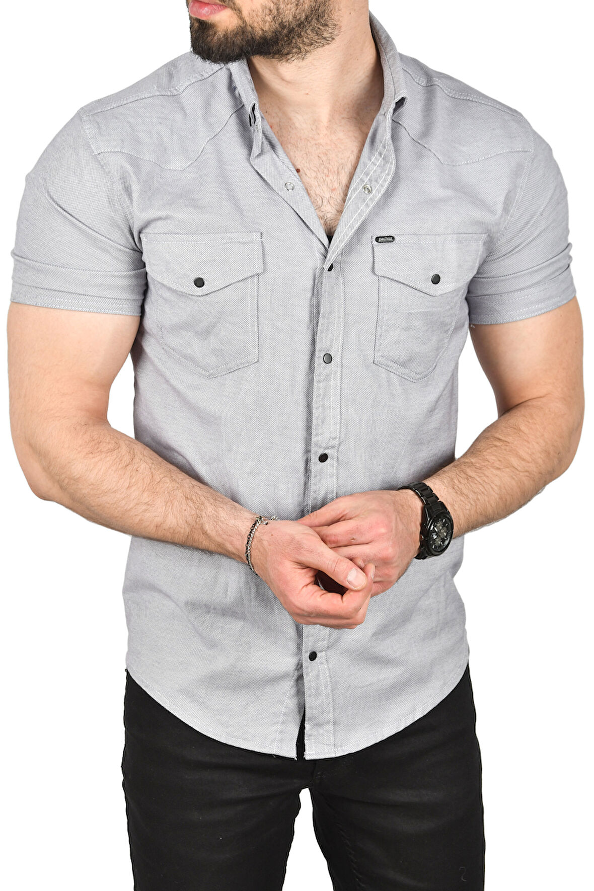 DeepSEA Erkek Gri Slim Fit Pamuklu Likralı Kısa Kol Gömlek Kolay Ütülenebilir Çıt Çıtlı Cepli Spor Gömlek 2400253
