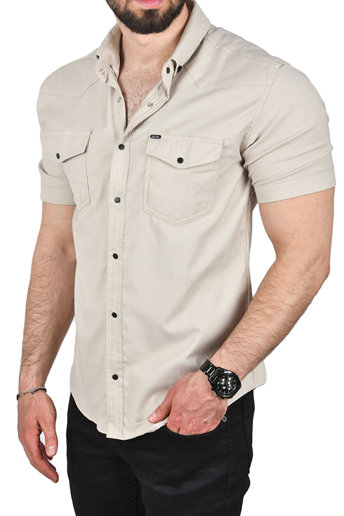 DeepSEA Erkek Bej Slim Fit Pamuklu Likralı Kısa Kol Gömlek Kolay Ütülenebilir Çıt Çıtlı Cepli Spor Gömlek 2400253