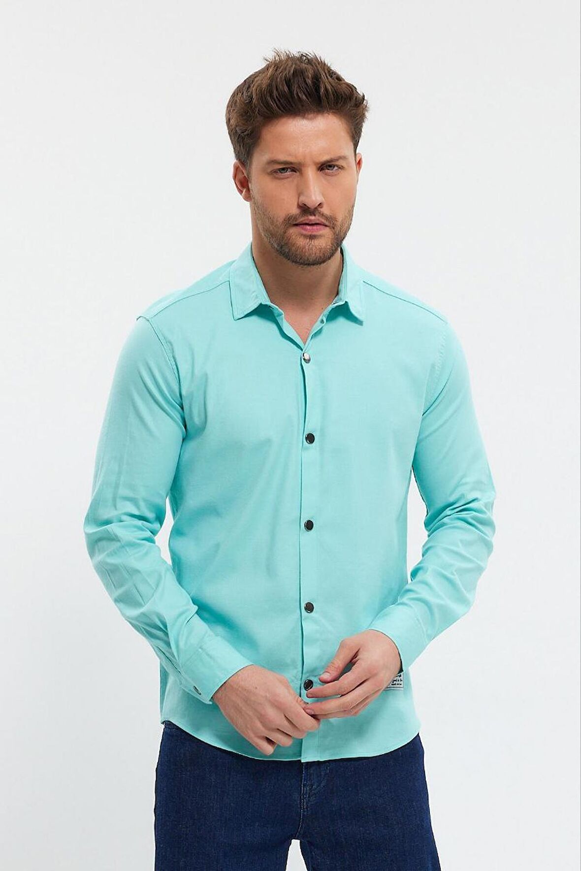 DeepSEA Erkek Turkuaz Slim Fit Likralı Uzun Kollu Çıt çıtlı Düz Gömlek 2403013