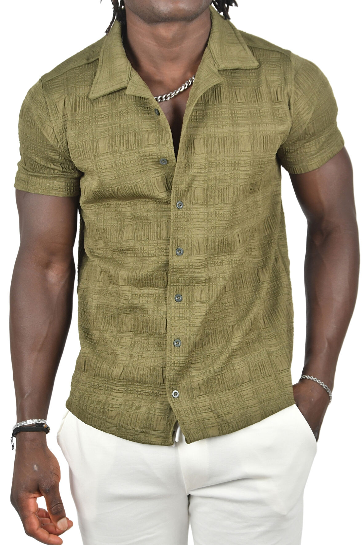 DeepSEA Erkek Haki Kabartma Desenli Slim Fit Likralı Kısa Kollu Penye Gömlek 2403222
