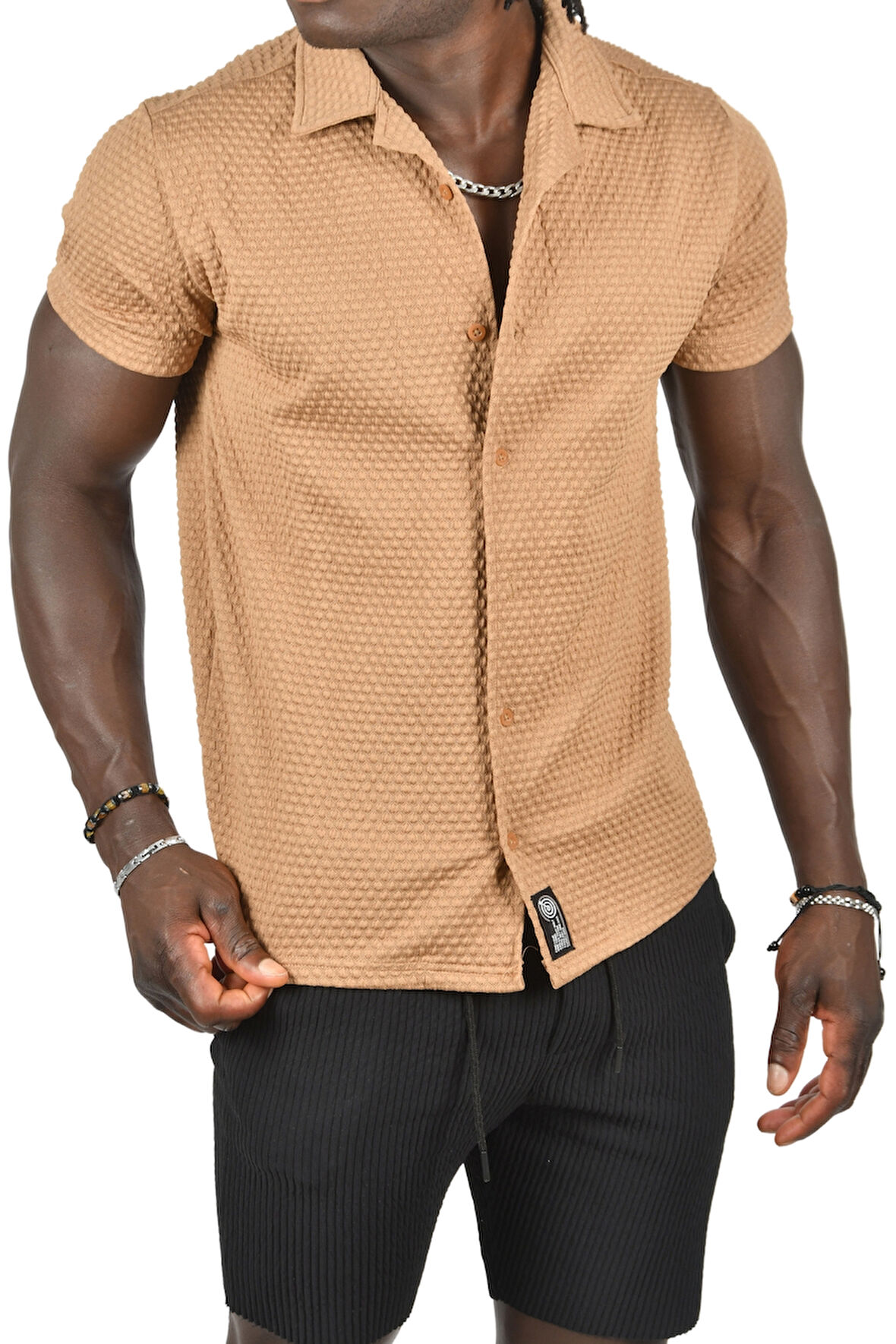 DeepSEA Erkek Bej Kabartma Nokta Desenli Slim Fit Likralı Kısa Kollu Penye Gömlek 2403223