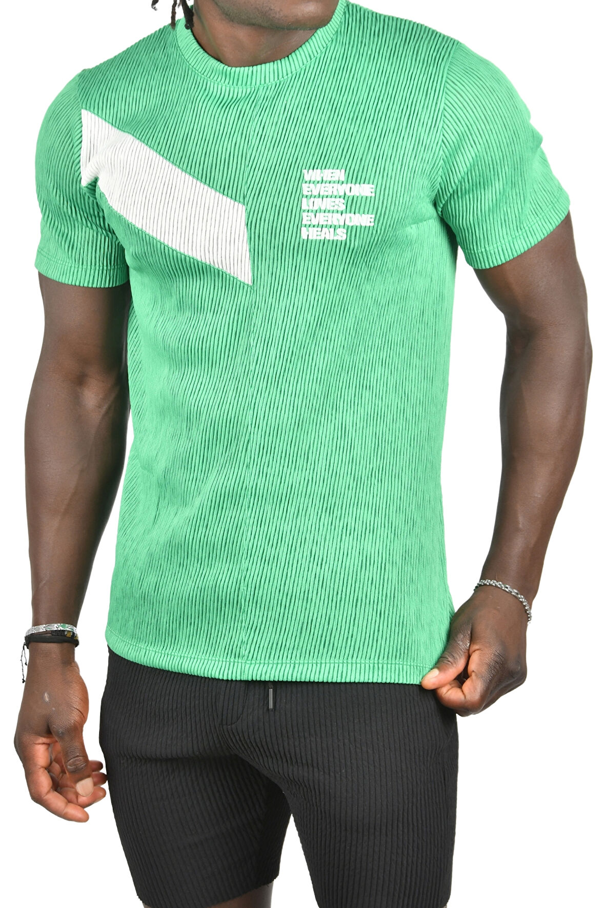 DeepSEA Erkek Yeşil Fitilli Örme Kumaş Slim Fit Likralı Bisiklet Yaka Tişört 2403230