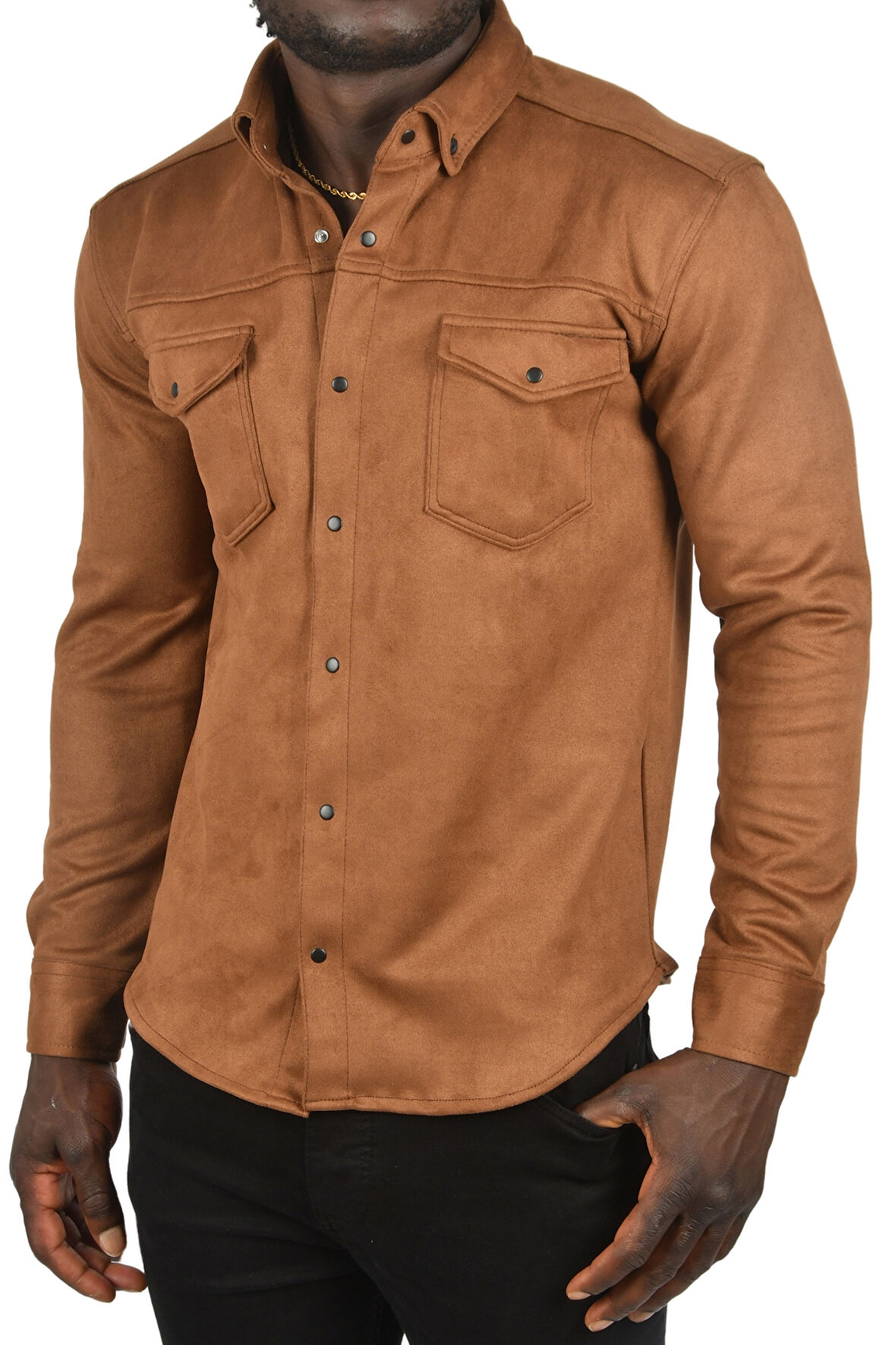 DeepSEA Erkek Kahve Kırışmayan Süet Kumaş ÇıtÇıtlı Cepli Slim Fit Mevsimlik Gömlek 2302329