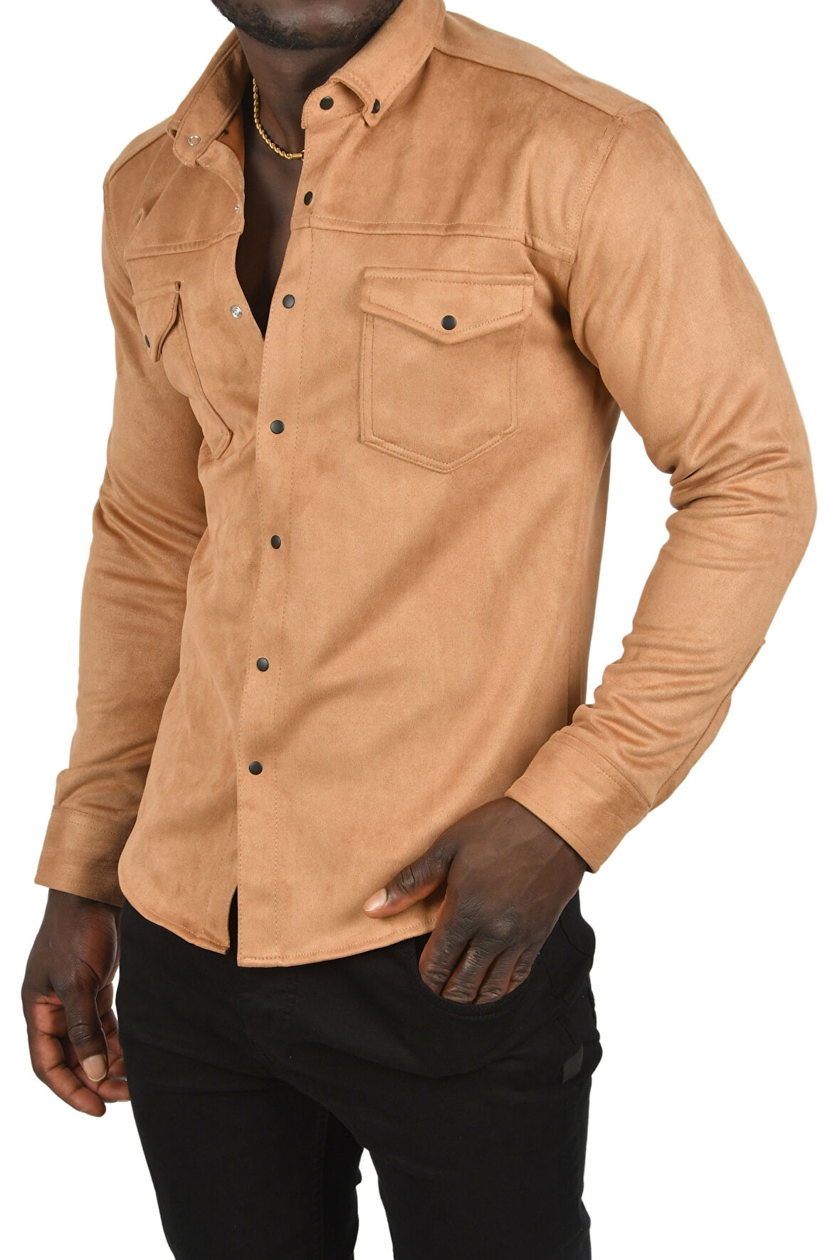 DeepSEA Erkek Camel Kırışmayan Süet Kumaş ÇıtÇıtlı Cepli Slim Fit Mevsimlik Gömlek 2302329