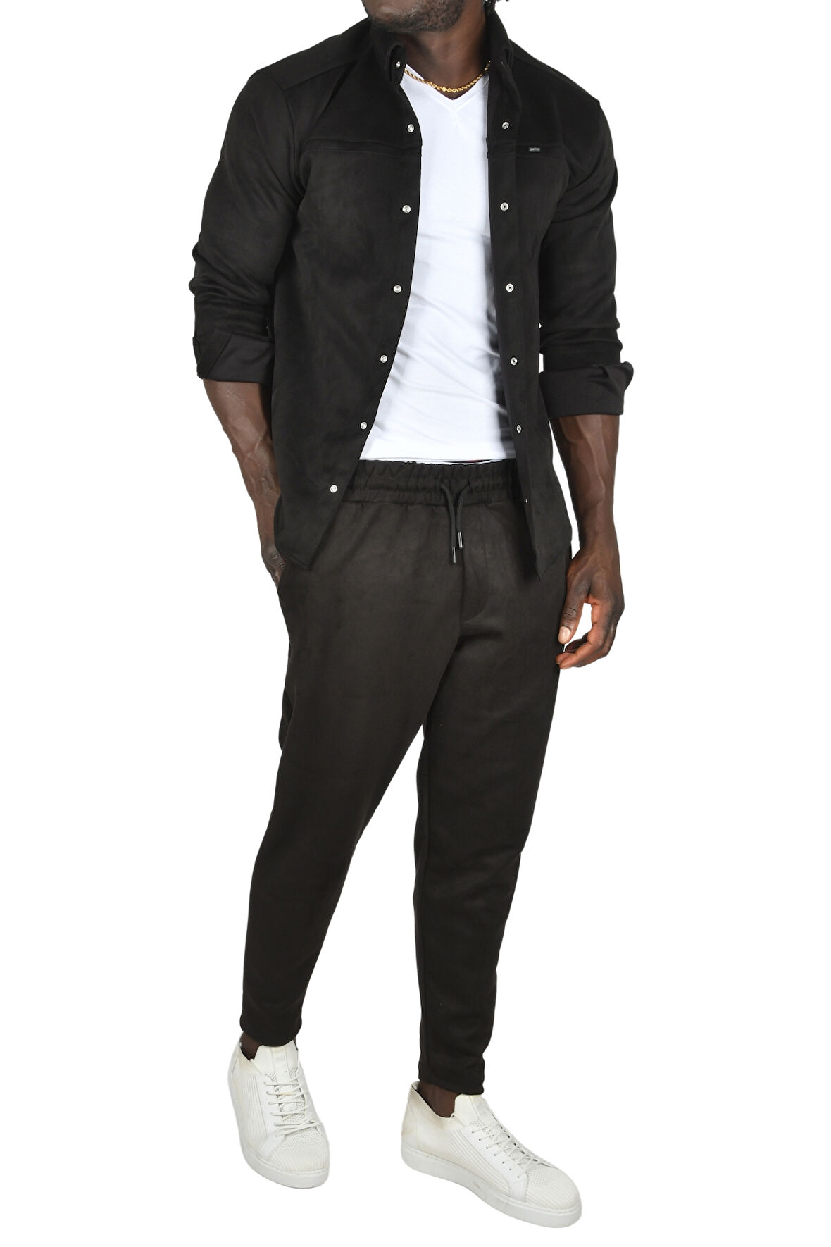DeepSEA Erkek Siyah Likralı Çıtçıtlı Kırışmayan Süet Kumaş Slim Fit Cepsiz Mevsimlik Gömlek 2500556