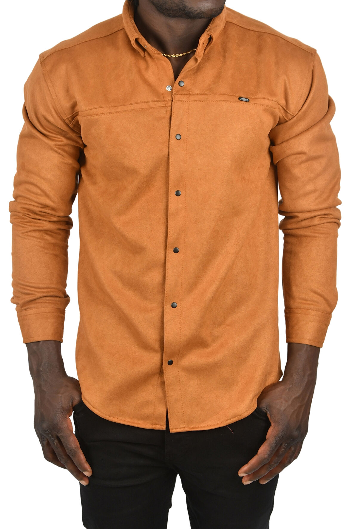 DeepSEA Erkek Taba Likralı Çıtçıtlı Kırışmayan Süet Kumaş Slim Fit Cepsiz Mevsimlik Gömlek 2500556