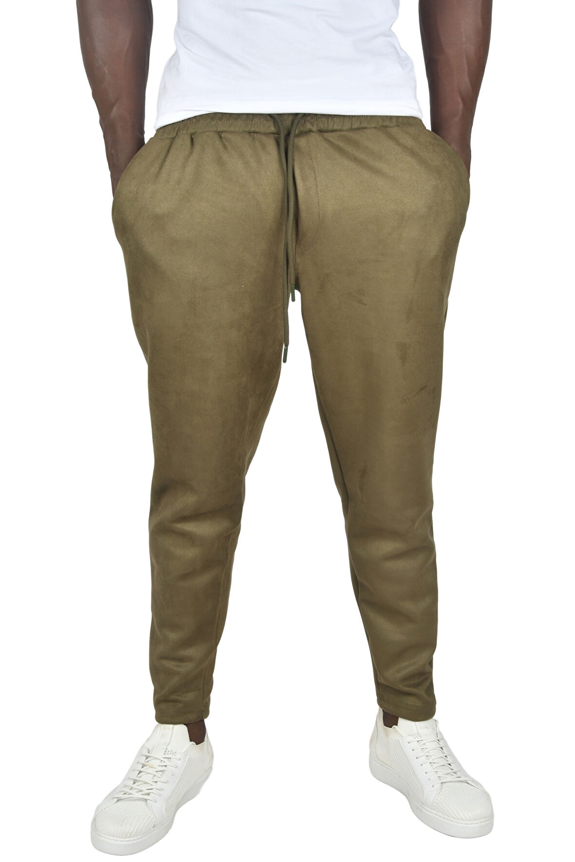 DeepSEA Erkek Haki Beli Lastikli Bağcıklı Kırışmayan Süet Kumaş Rahat Kesim Dar Paça Spor Pantolon 2505556