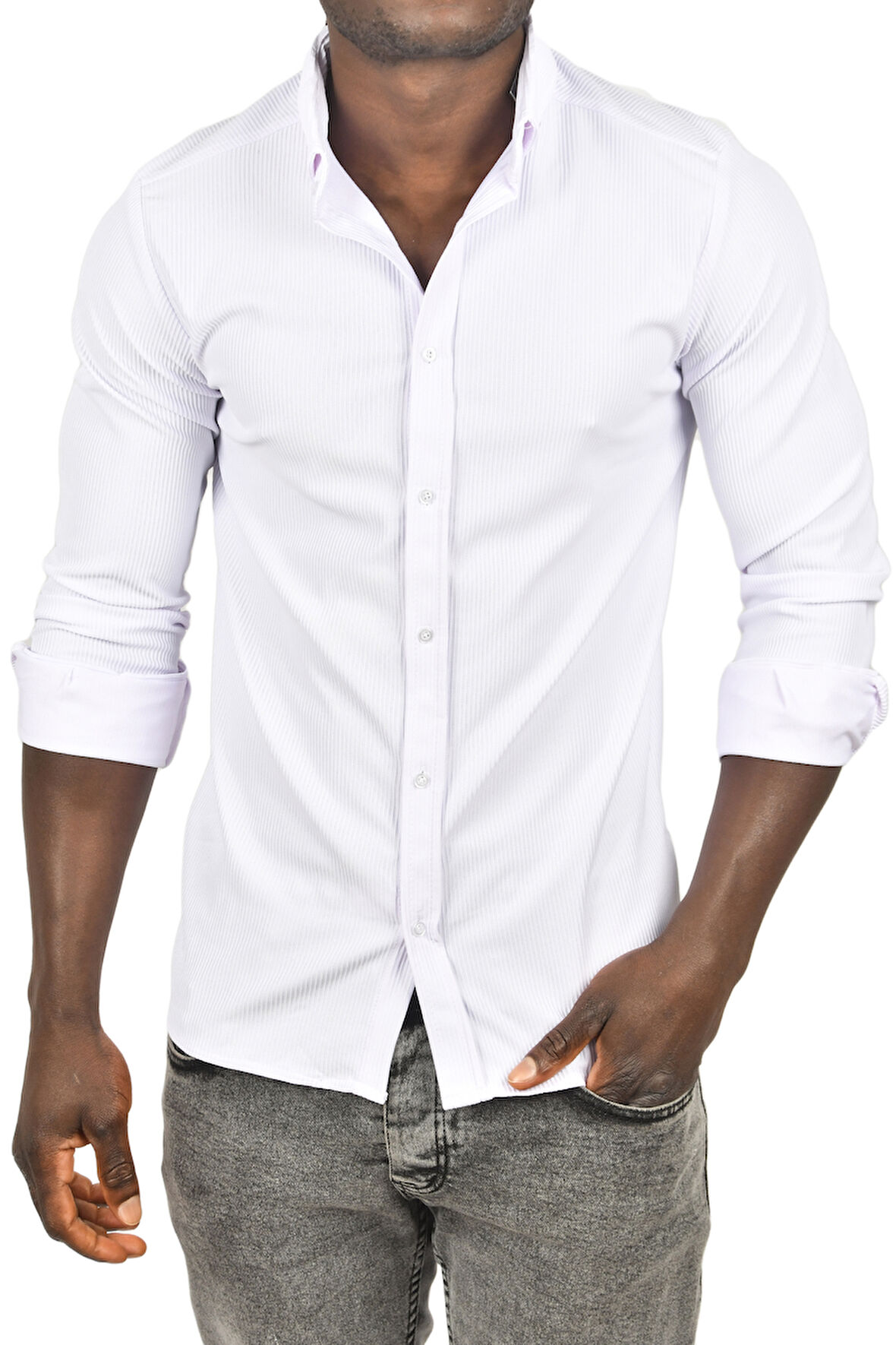 DeepSEA Erkek Beyaz Likralı Kumaşı Fitilli Slim Fit Uzun Kollu Gömlek 2500805