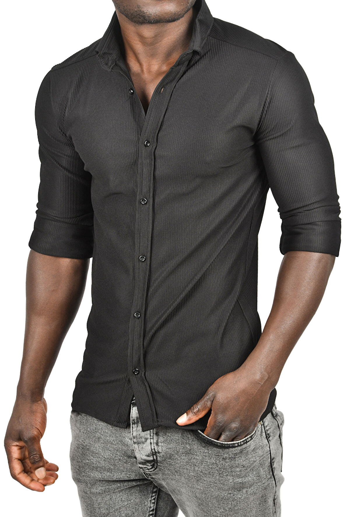 DeepSEA Erkek Siyah Likralı Kumaşı Fitilli Slim Fit Uzun Kollu Gömlek 2500805