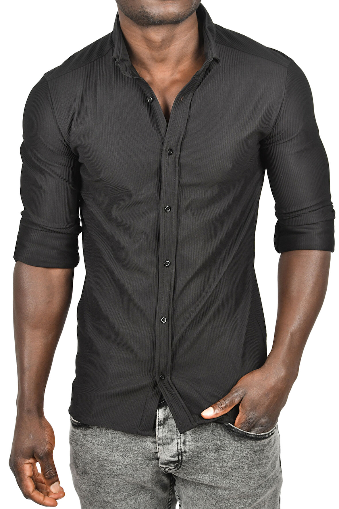 DeepSEA Erkek Siyah Likralı Kumaşı Fitilli Slim Fit Uzun Kollu Gömlek 2500805