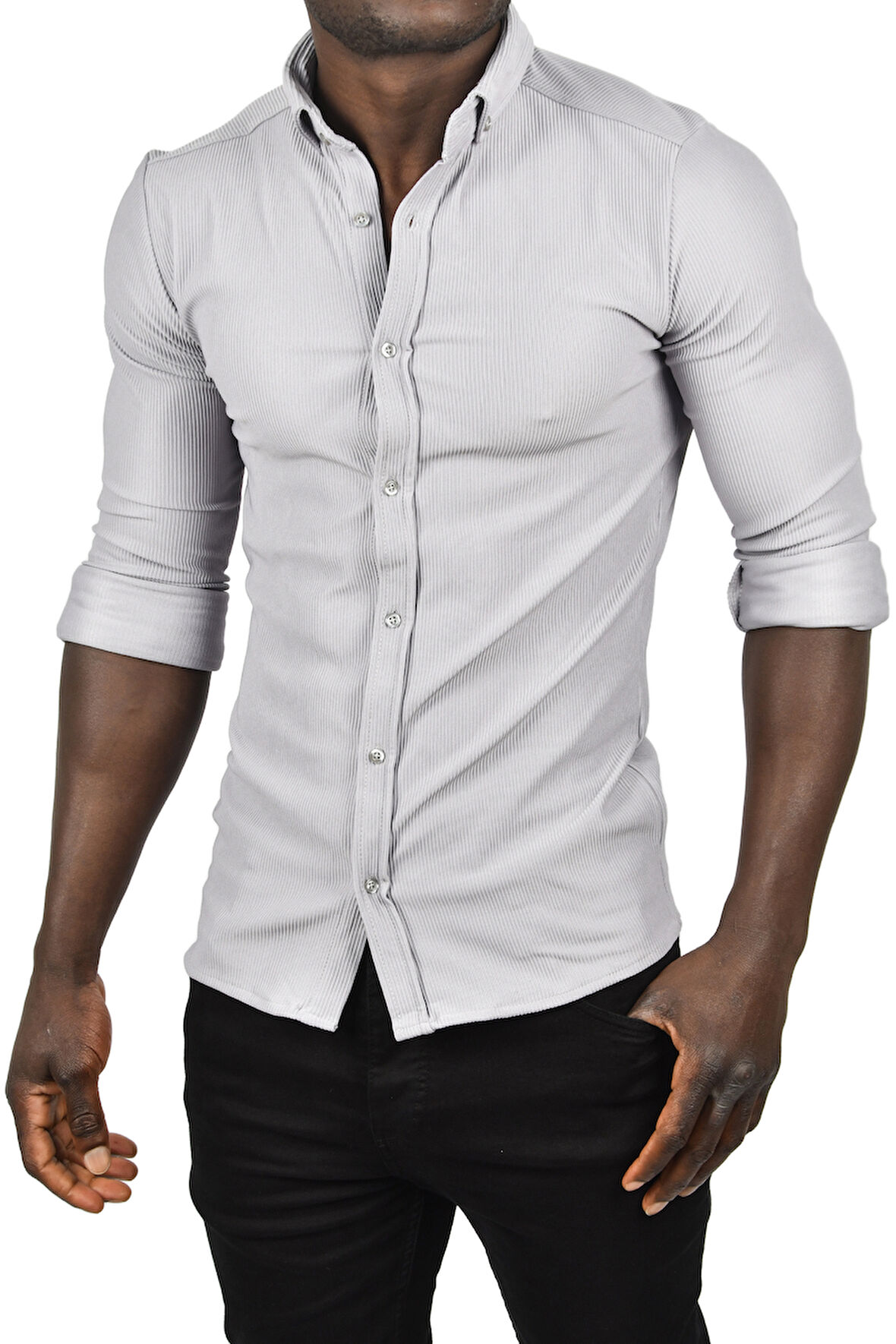 DeepSEA Erkek Gri Likralı Kumaşı Fitilli Slim Fit Uzun Kollu Gömlek 2500805