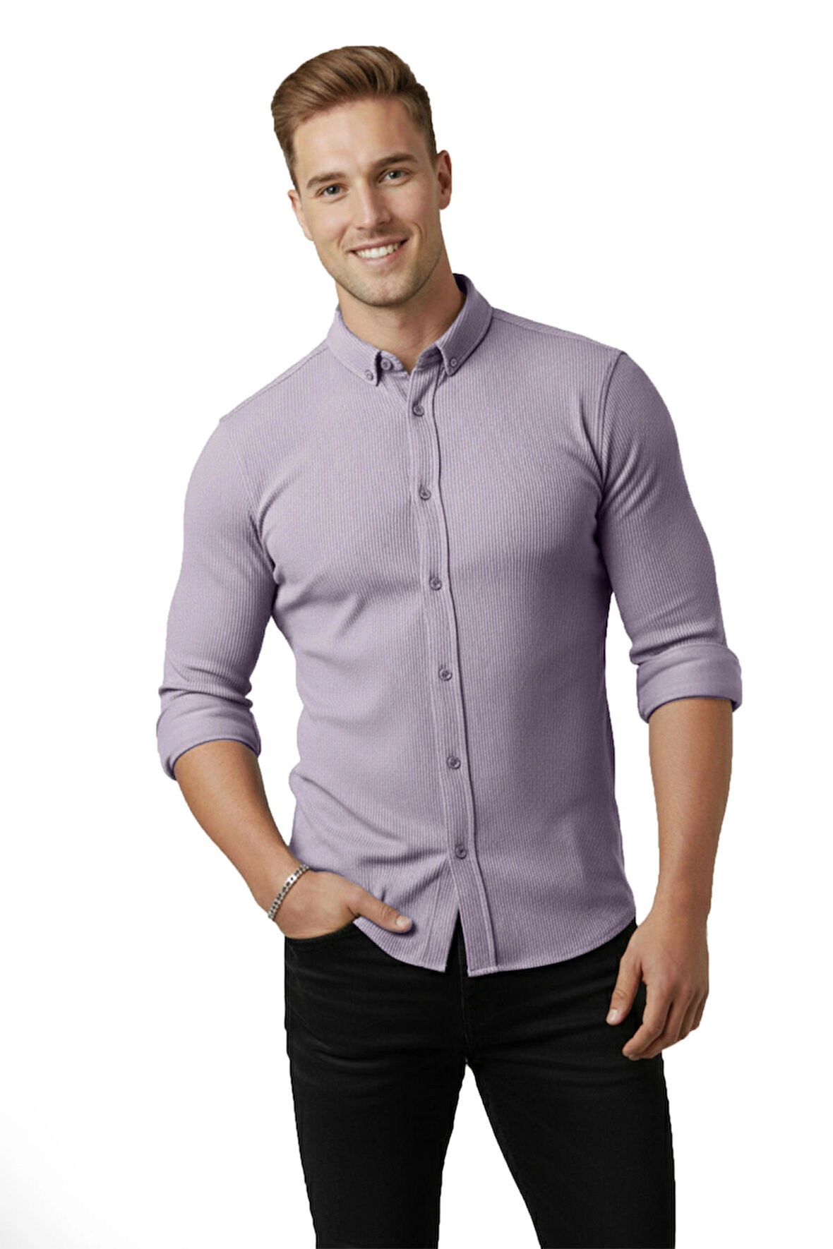 DeepSEA Erkek Gri Likralı Kumaşı Fitilli Slim Fit Uzun Kollu Gömlek 2500805