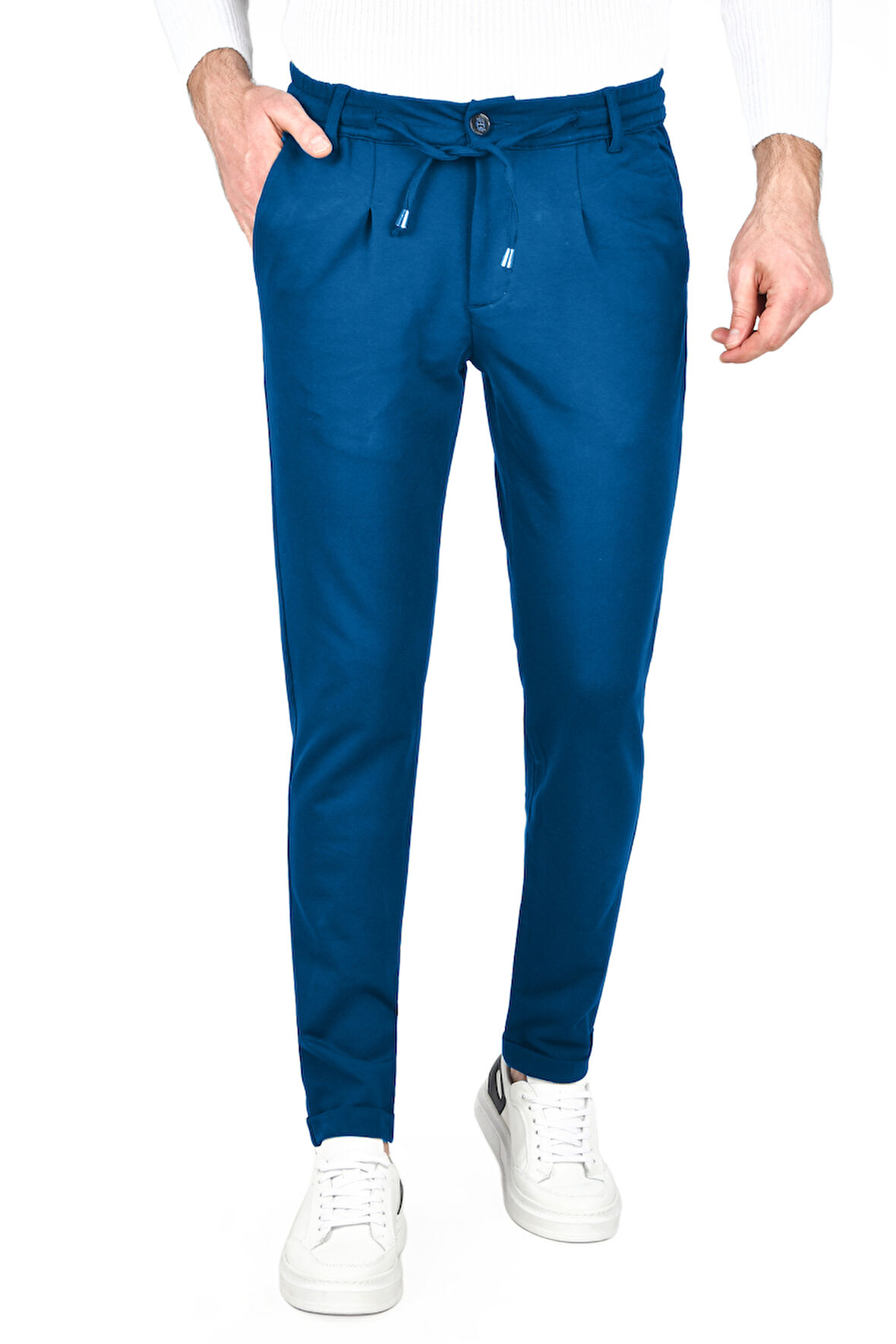 DeepSEA Erkek Mavi Beli Lastikli Slim Fit Likralı Duble Paça Penye Spor Pantolon 2502385