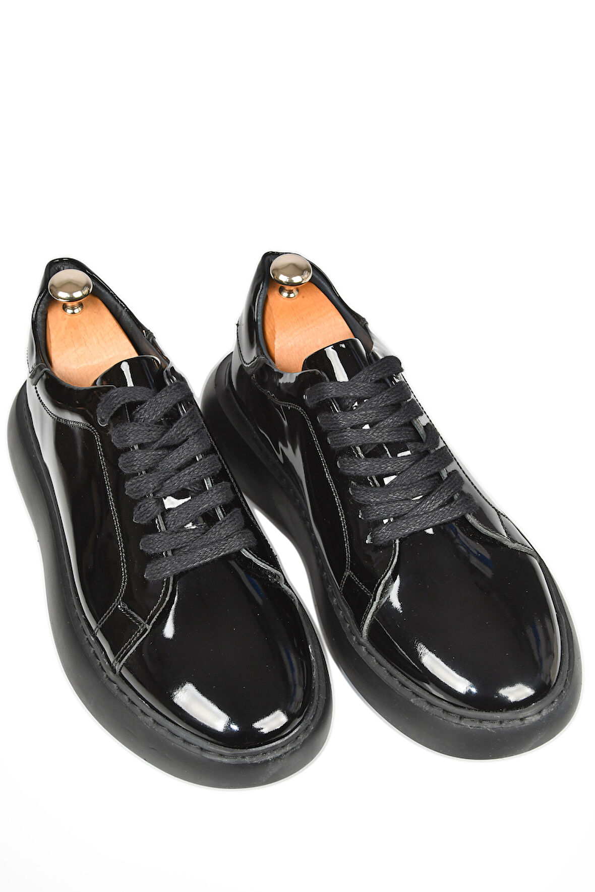 DeepSEA Erkek Siyah Bağcıklı Yüksek Taban Parlak Ortopedik Casual Deri Ayakkabı Sneaker 2509973