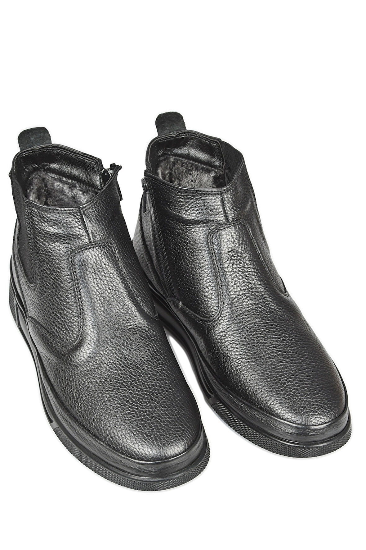 DeepSEA Erkek Siyah Yanı Fermuarlı Ve Lastikli İçi Kürklü Hakiki Deri Ortopedik Kaymaz Taban Yarım Bot 2509988