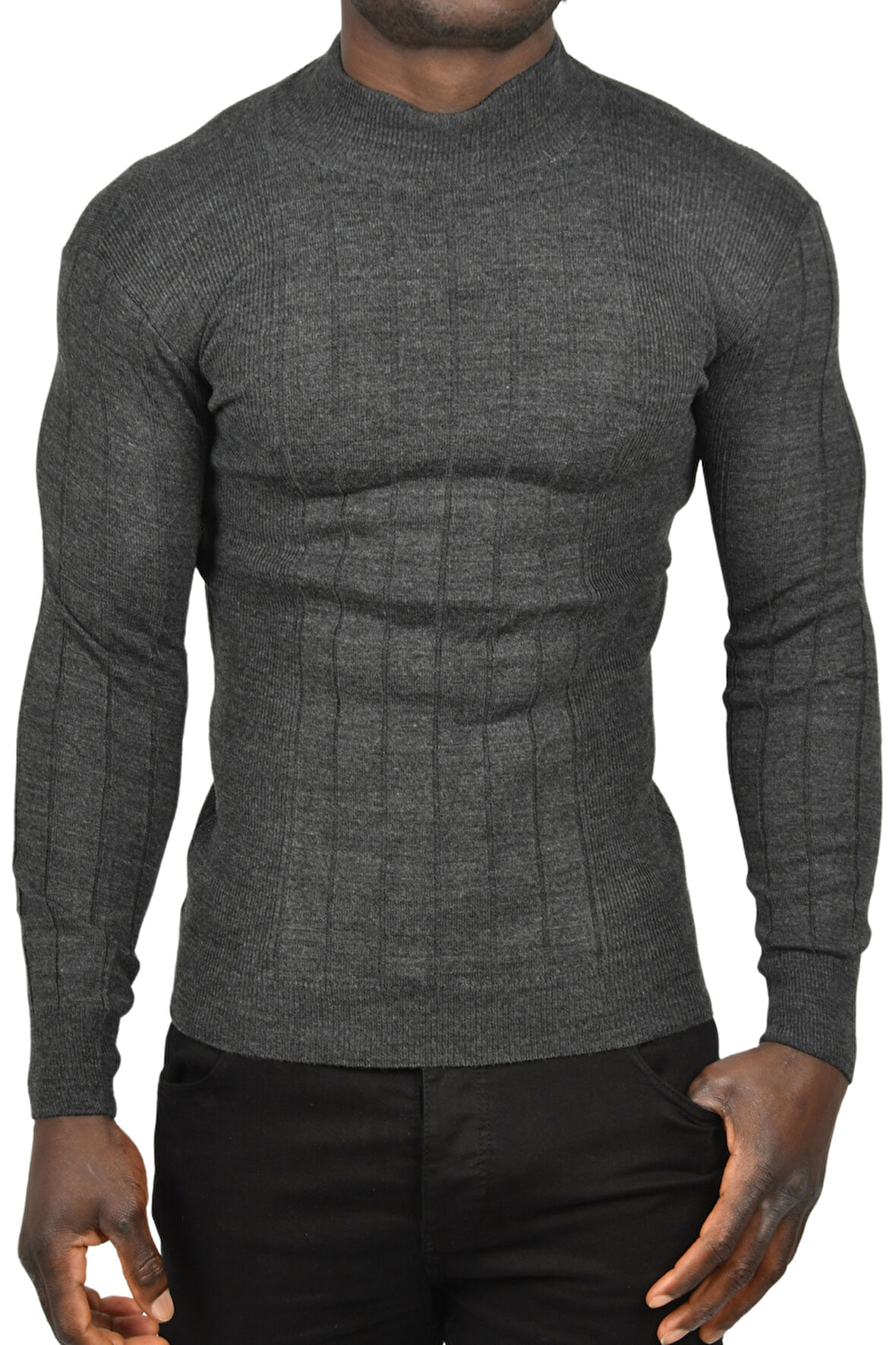 DeepSEA Erkek Füme Yarım Balıkçı Yaka Çizgili Tüylenmeyen Slim Fit Triko Kazak 2505491