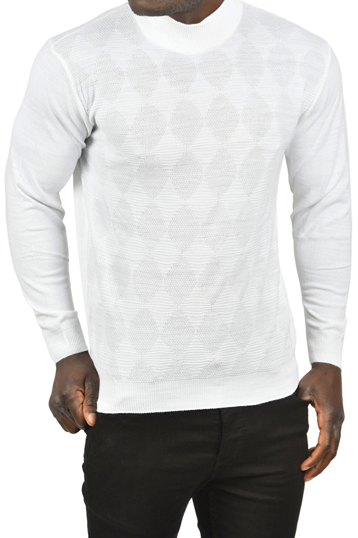 DeepSEA Erkek Beyaz Dar Kesim Baklava Desenli Yarım Boğazlı Yaka Triko Yarım Balıkçı Yaka Kazak 2505506