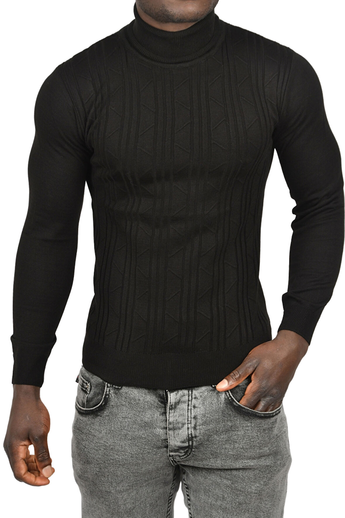 DeepSEA Erkek Siyah Çizgi Desenli Slim Kesim Tam Balıkçı Yaka Triko Boğazlı Kazak 2505509