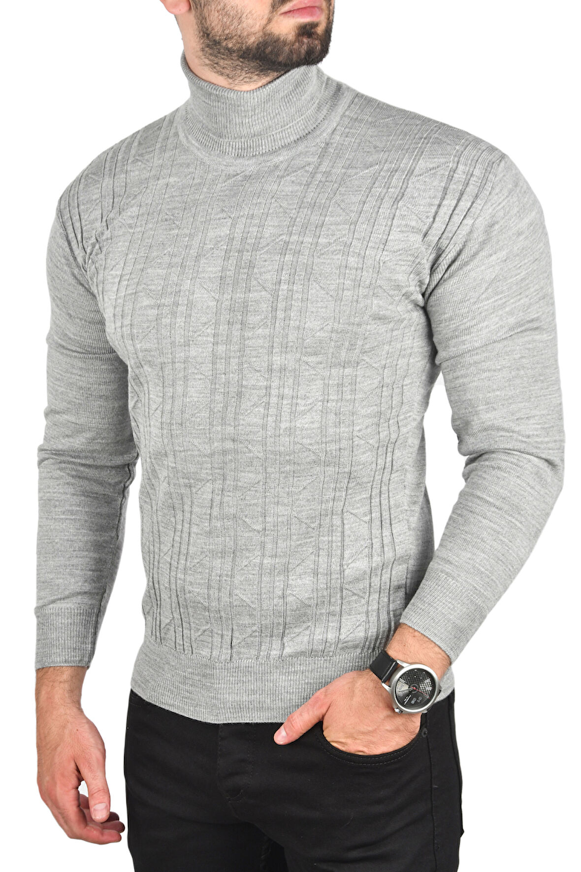 DeepSEA Erkek Gri Çizgi Desenli Slim Kesim Tam Balıkçı Yaka Triko Boğazlı Kazak 2505509