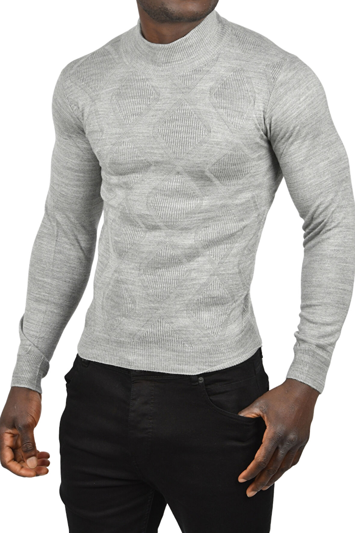 DeepSEA Erkek Gri DeepSEA Baklava Desenli Slim Fit Yarım Balıkçı Yaka Triko Boğazlı Kazak 2505511