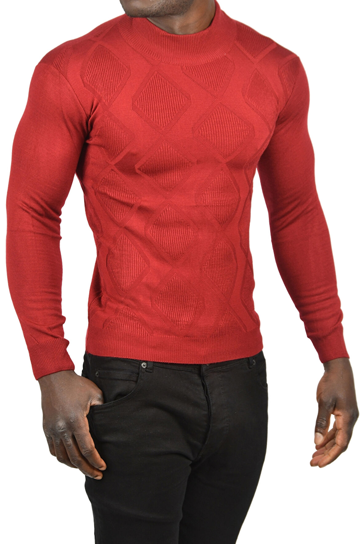 DeepSEA Erkek Bordo DeepSEA Baklava Desenli Slim Fit Yarım Balıkçı Yaka Triko Boğazlı Kazak 2505511
